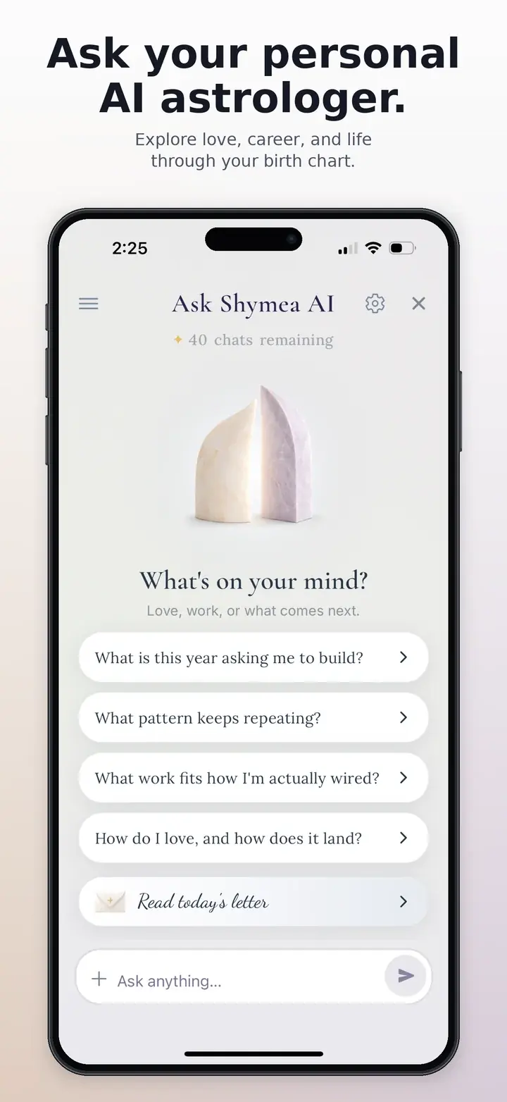 Shymea app — Ask Shymea answers with the chart placements behind it