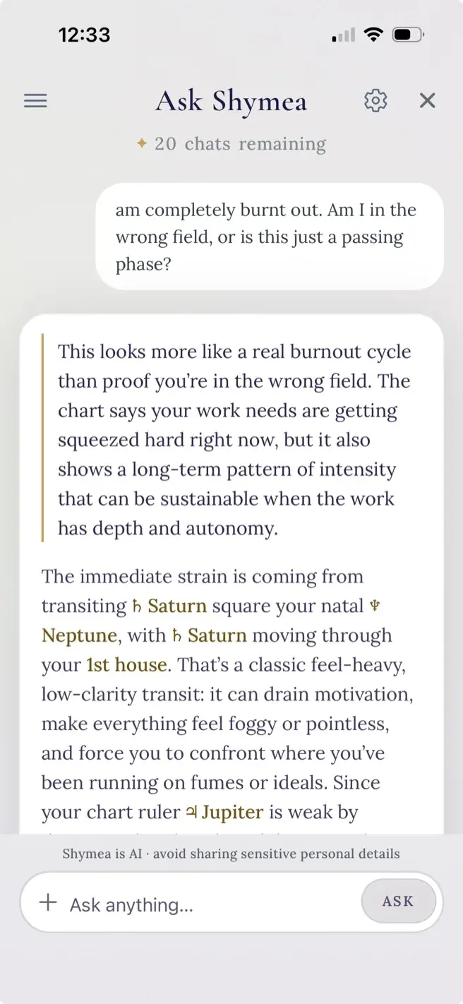 Ask Shymea: an AI astrology answer citing the reader's transits and natal placements.