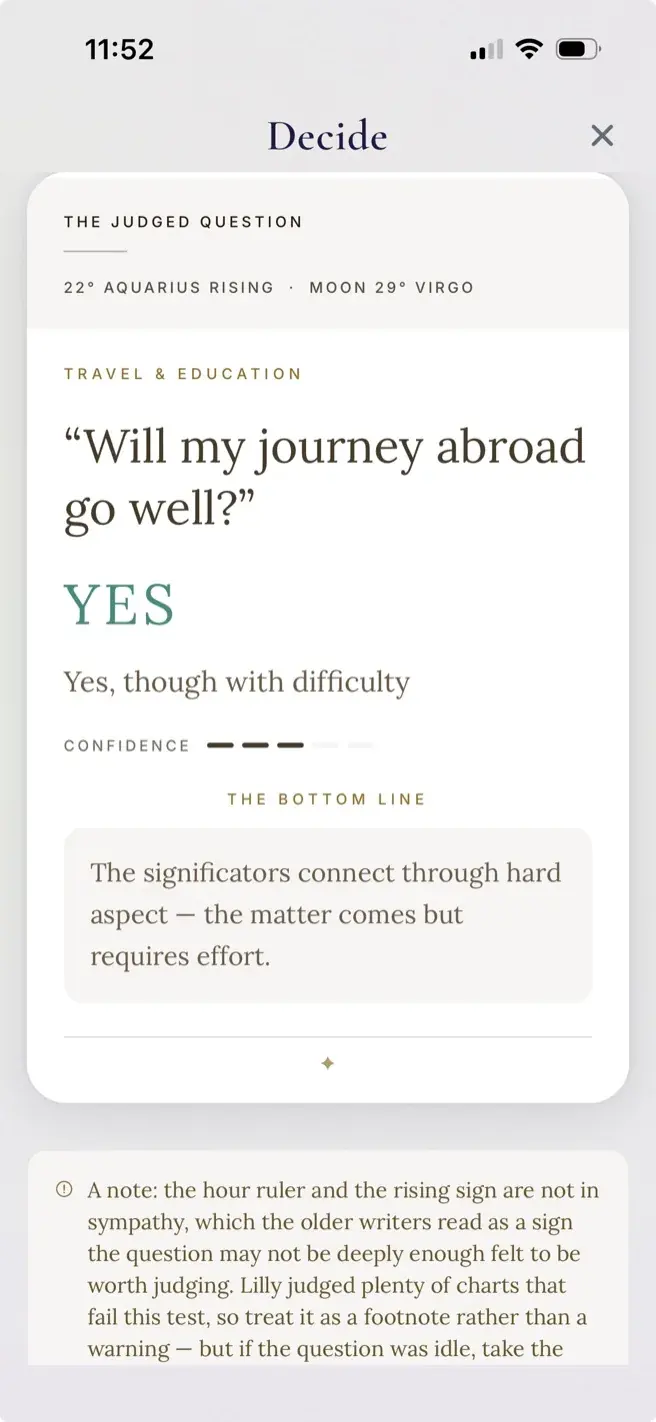 Shymea Decide: a horary question, 'Will my journey abroad go well?', judged Yes, though with difficulty.