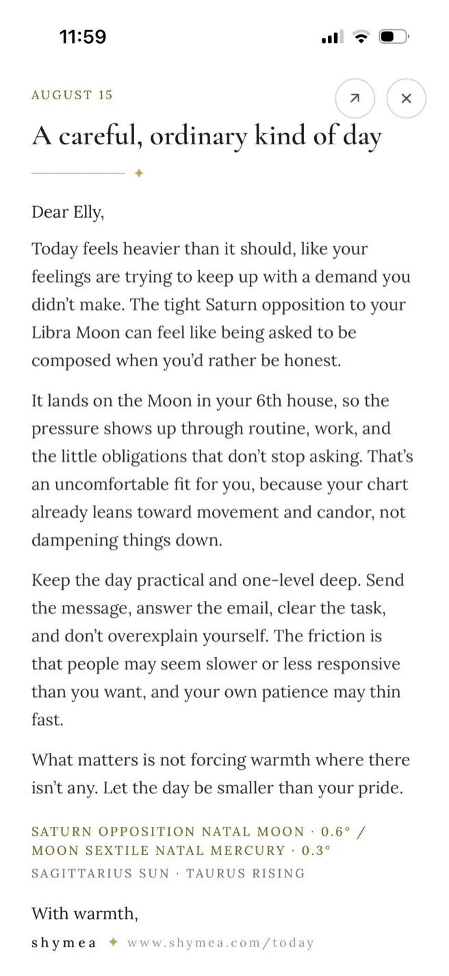 Shymea Today: a daily letter written from the current sky against the reader's natal chart.