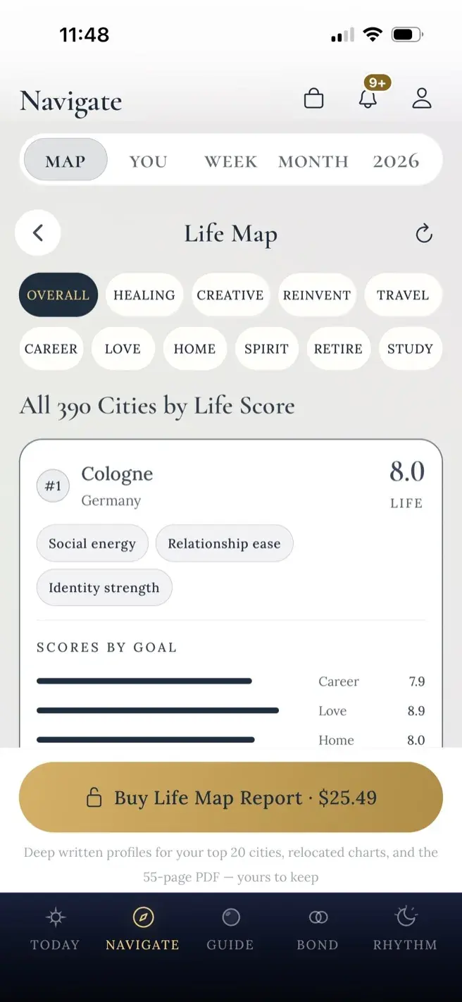 Shymea Life Map: 390 cities ranked by life score, with scores by goal.