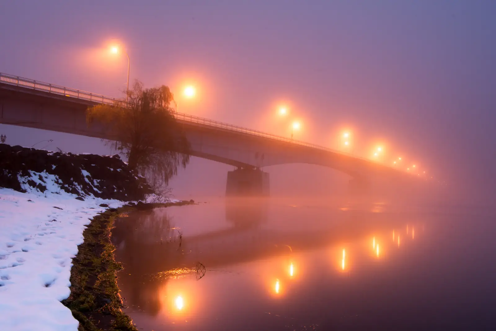 A bridge's lamps glowing through pink morning fog