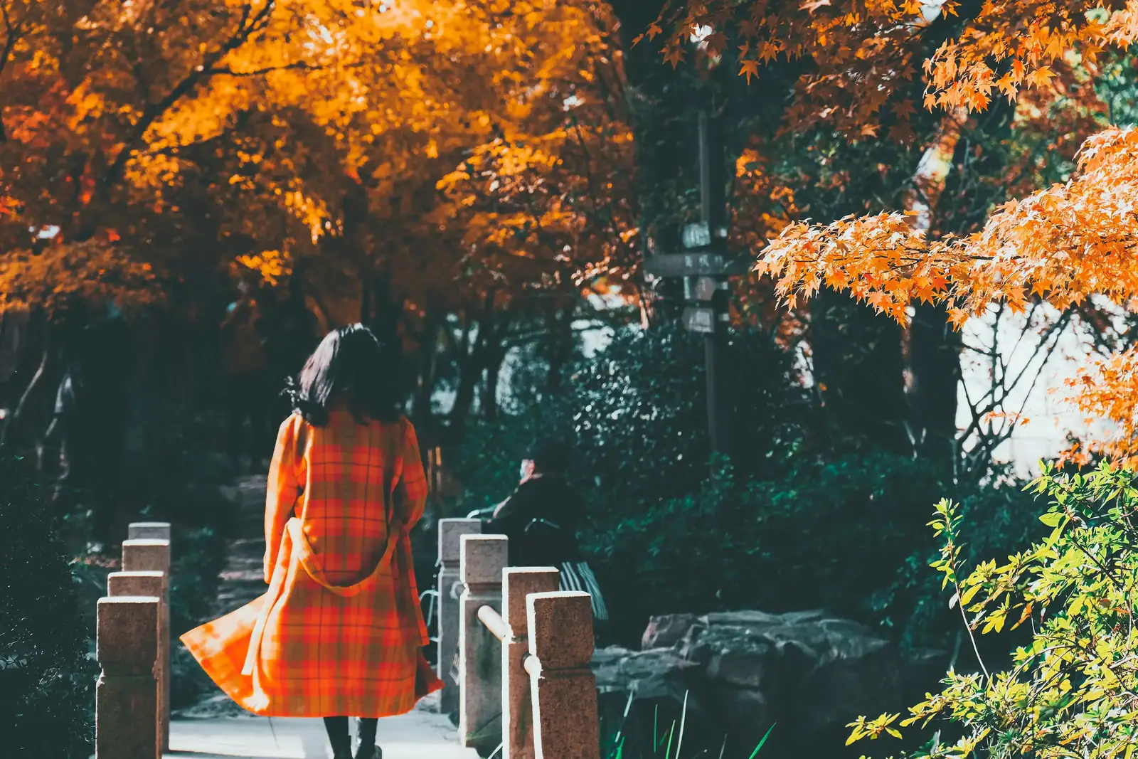 A woman in an orange coat walks a path under blazing autumn trees