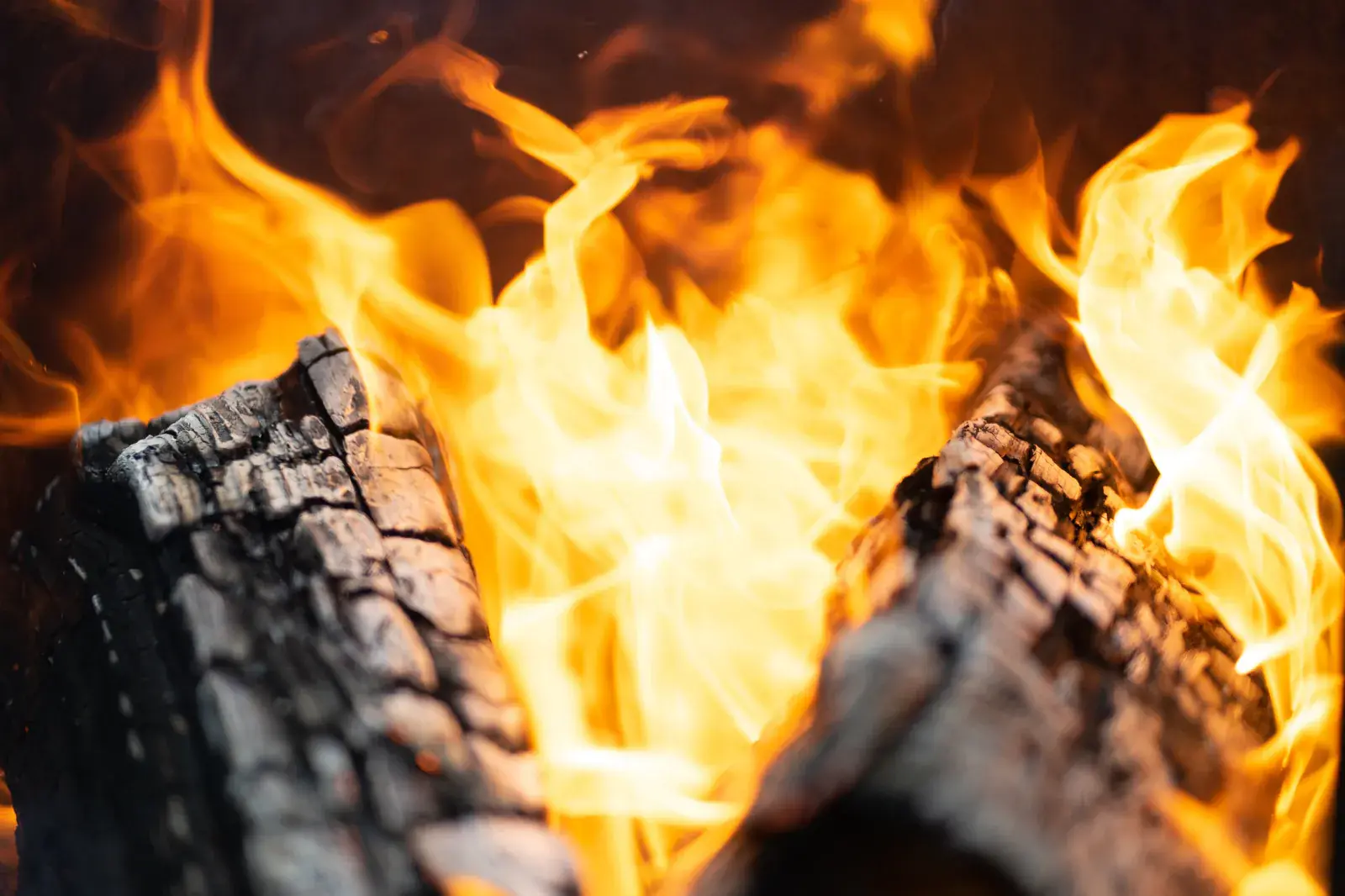 A log fire blazing