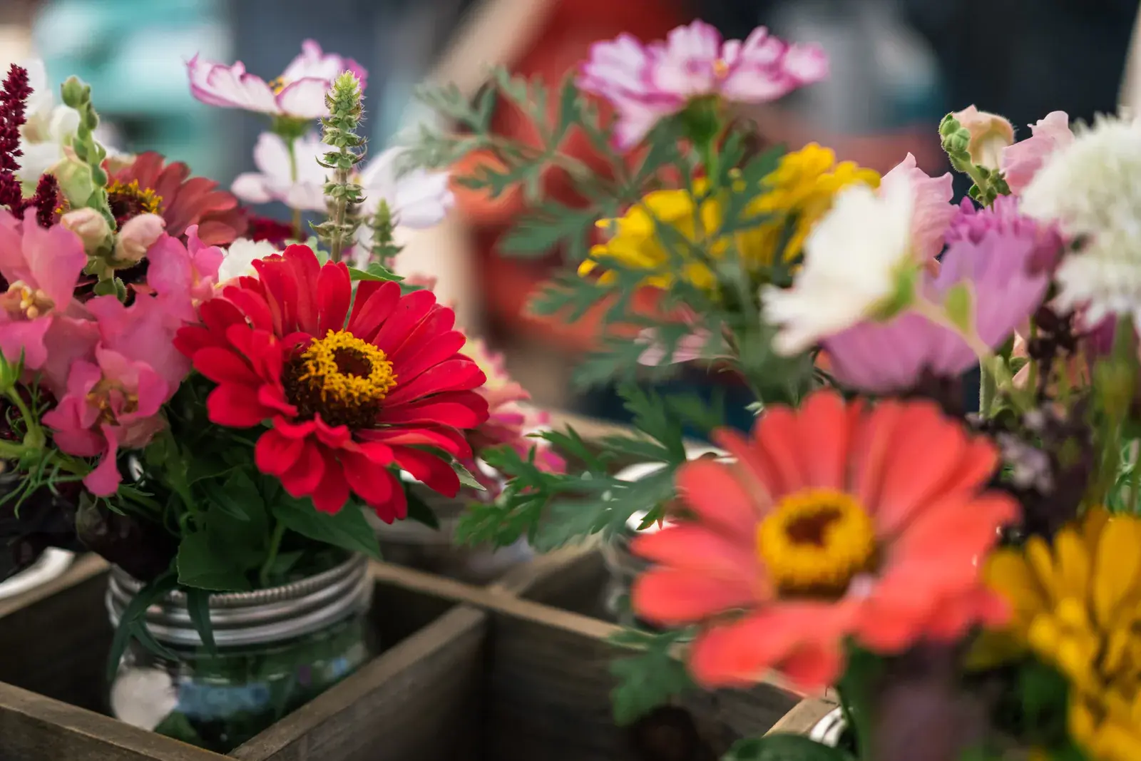 Bright flowers in mason jars at a market stall