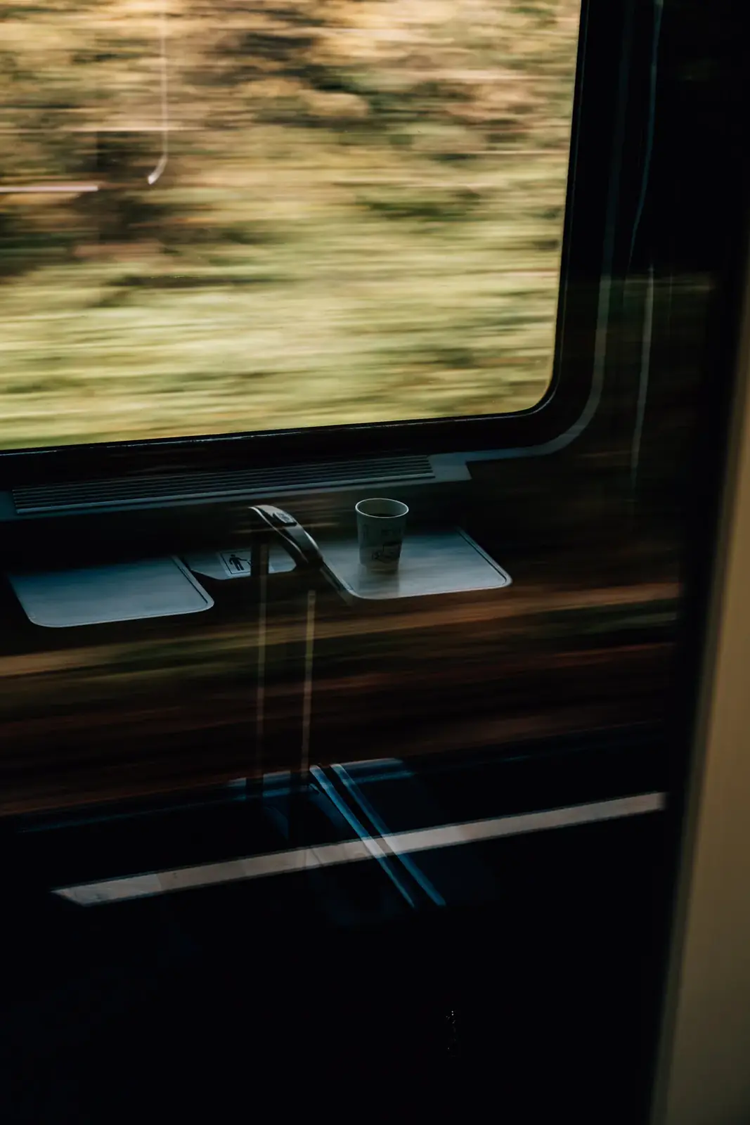 A blurred landscape rushing past a train window