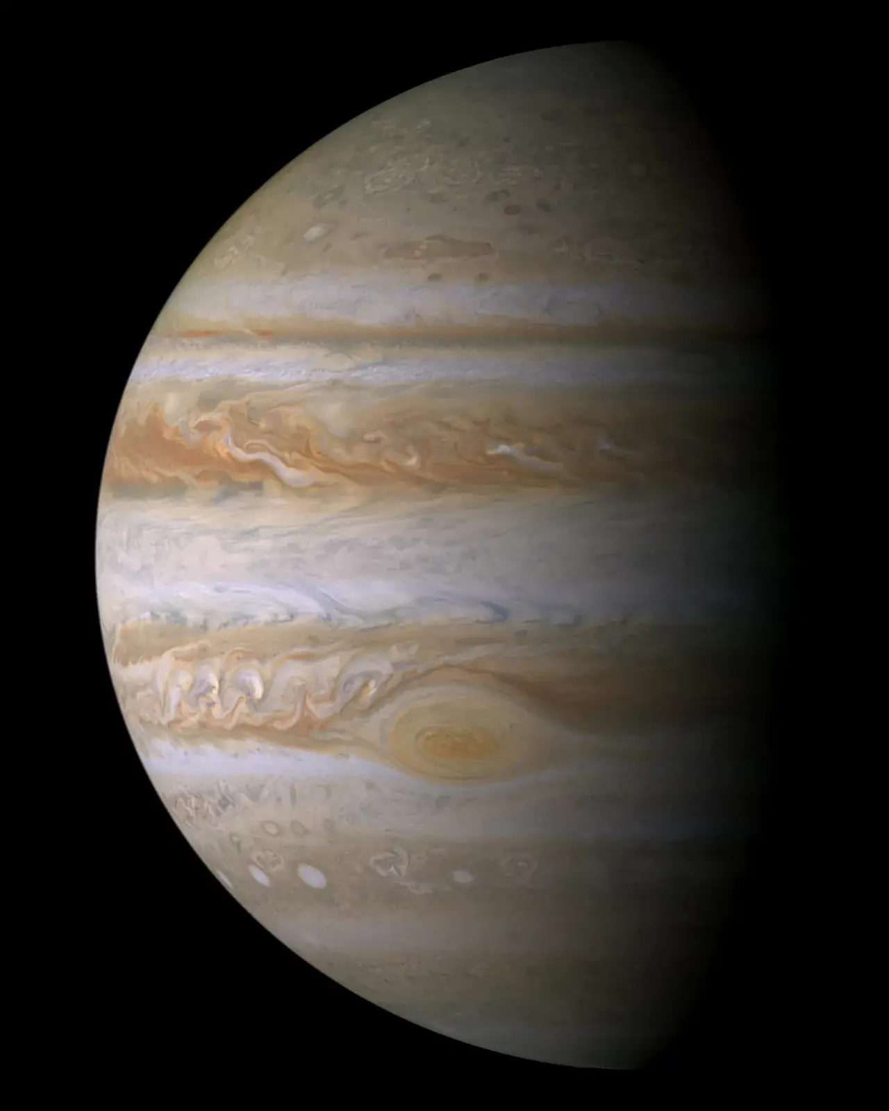 Cassini true-colour mosaic of Jupiter, cream and brown cloud belts with the Great Red Spot