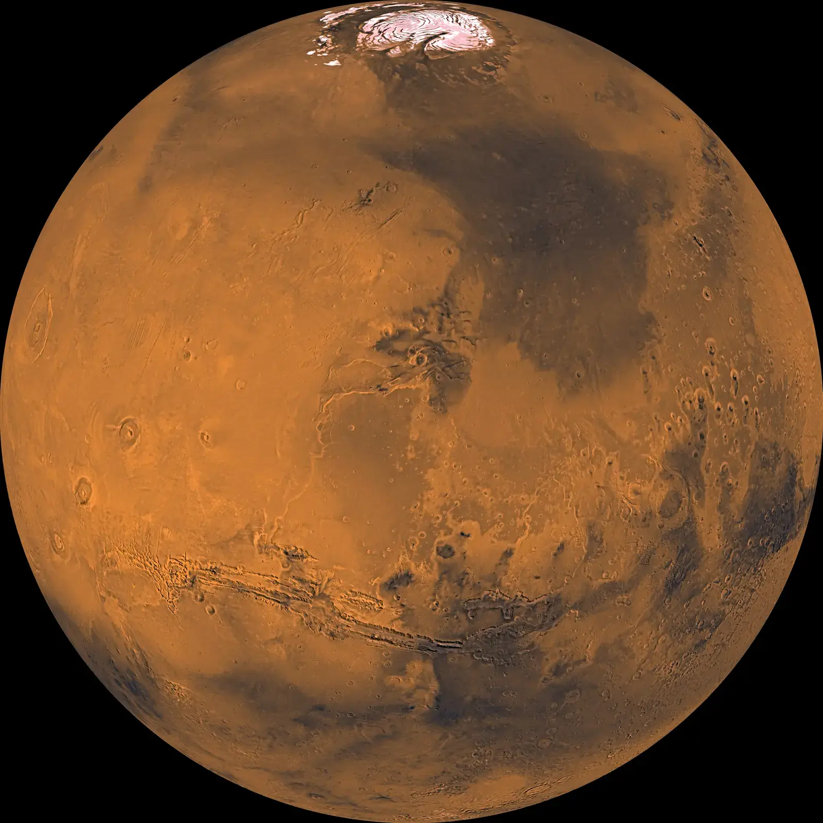 Viking Orbiter colour mosaic of Mars, a rust-orange globe with Valles Marineris and the north polar cap