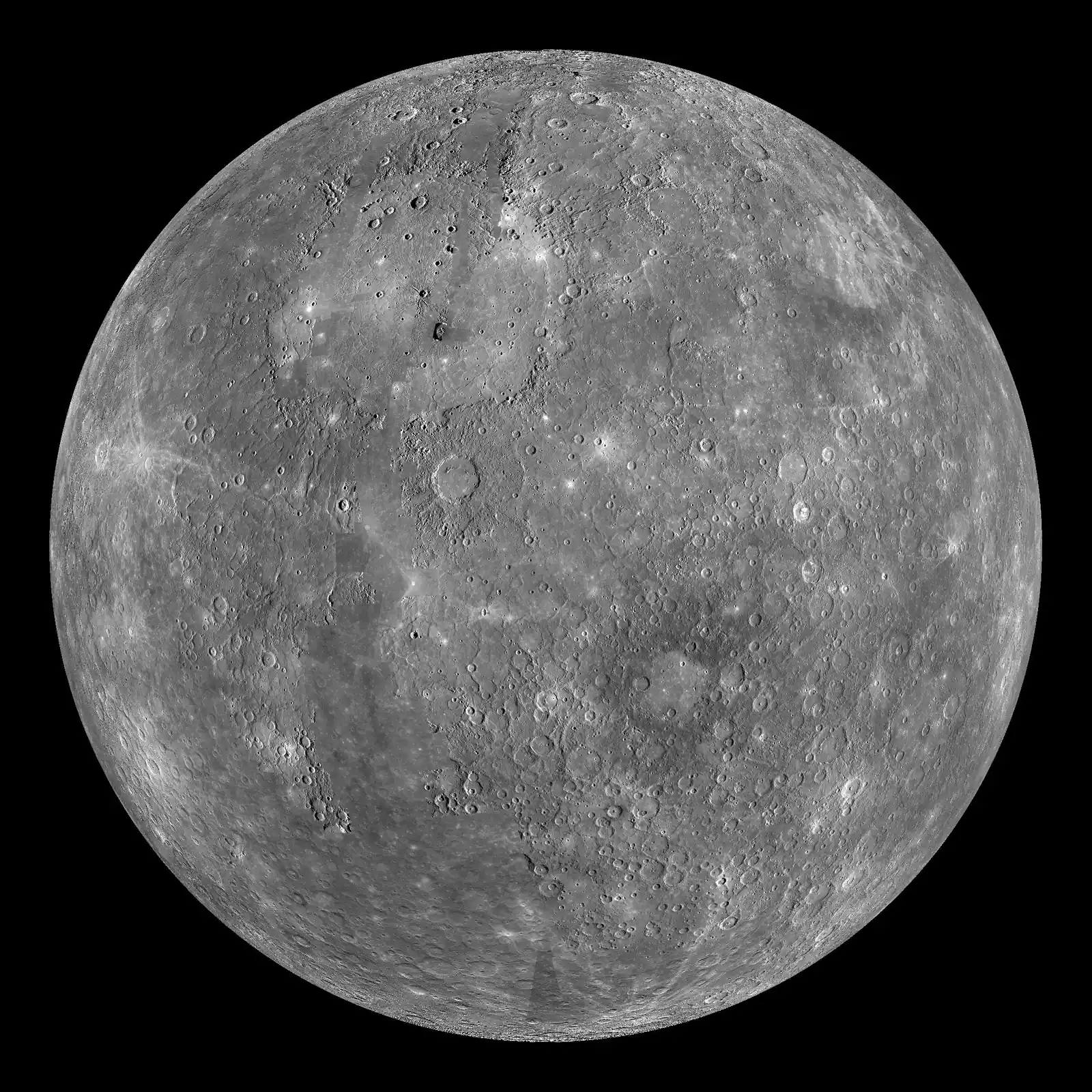 MESSENGER photomosaic of Mercury, a grey cratered globe against black space