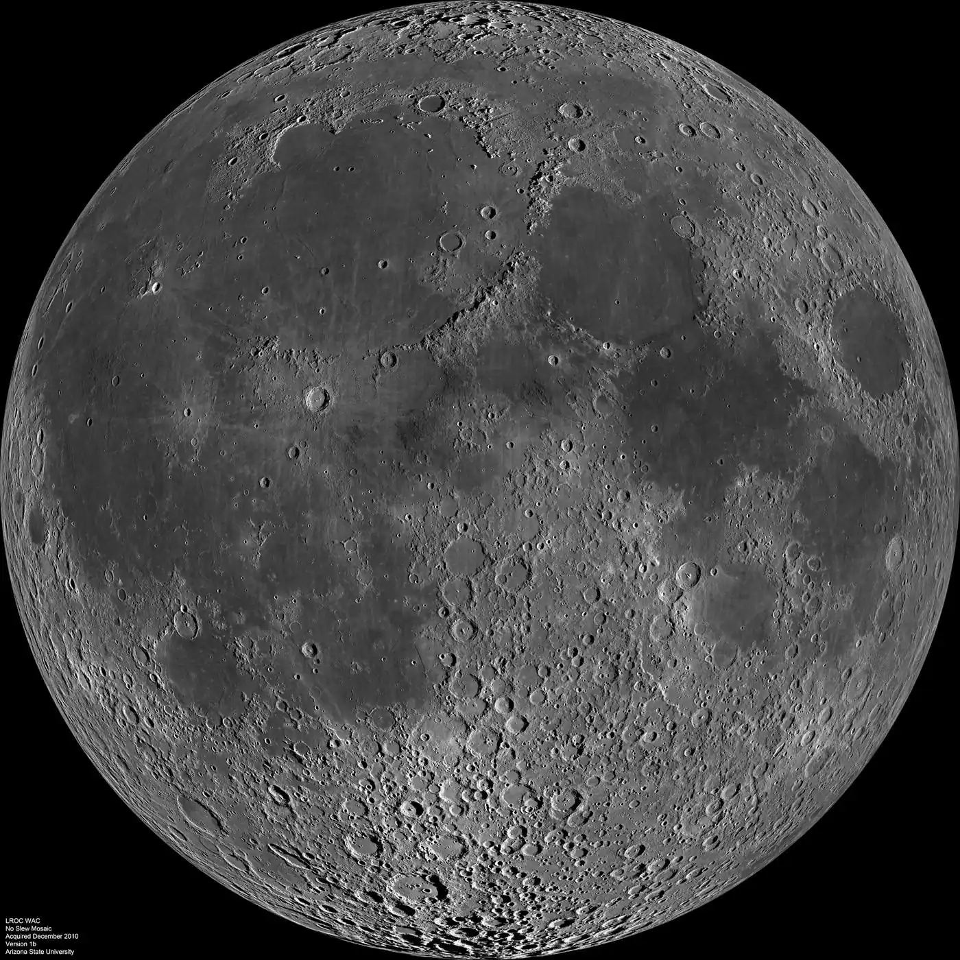 Lunar Reconnaissance Orbiter mosaic of the Moon's near side, grey maria and bright cratered highlands