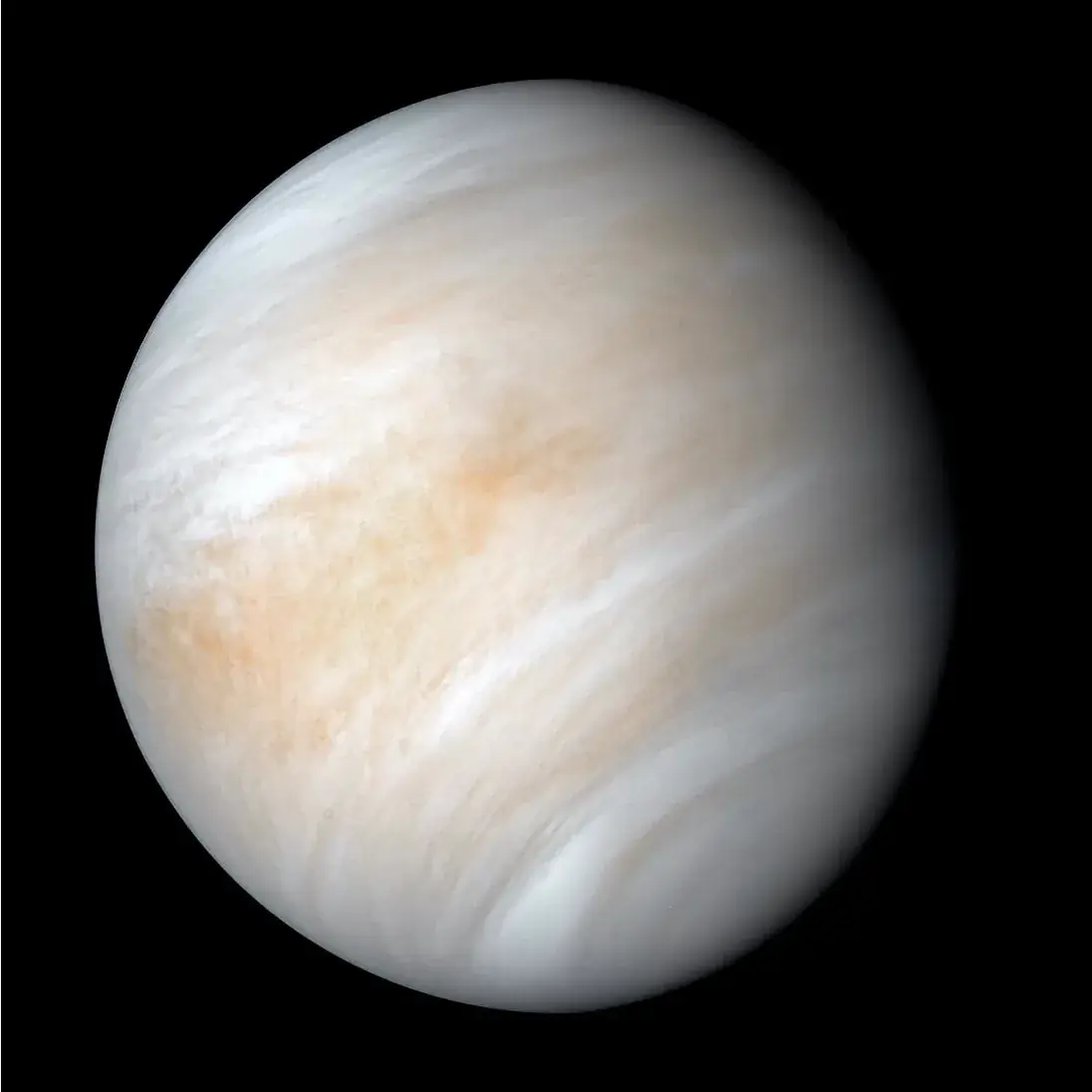 NASA's contrast-enhanced Mariner 10 view of Venus showing tan and white cloud streaks spiralling toward the poles