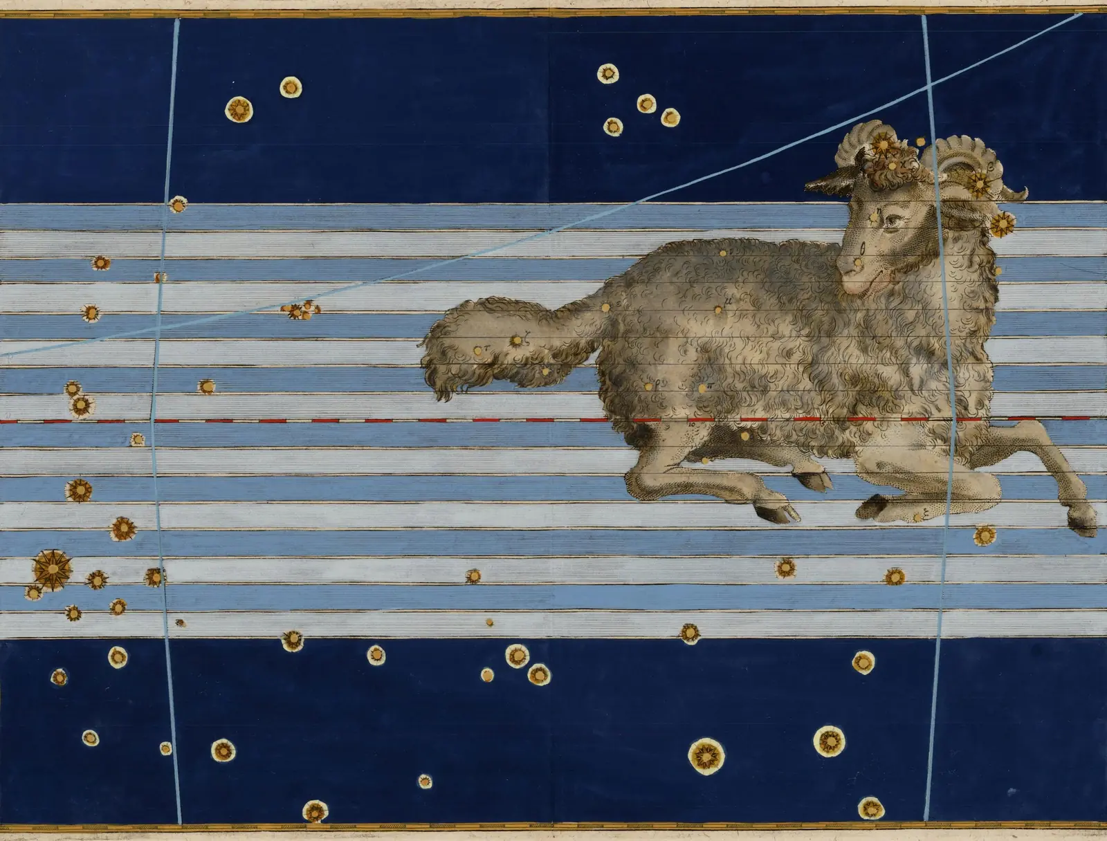 Johann Bayer's 1603 Uranometria plate of Aries: a resting ram engraved on a deep blue sky, the stars heightened in gold