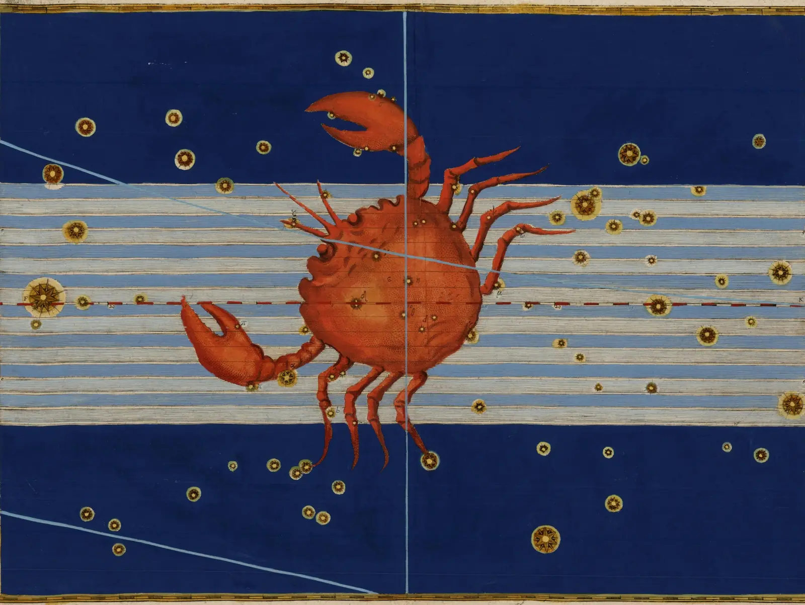 Johann Bayer's 1603 Uranometria plate of Cancer: a crab engraved on a deep blue sky, the stars heightened in gold