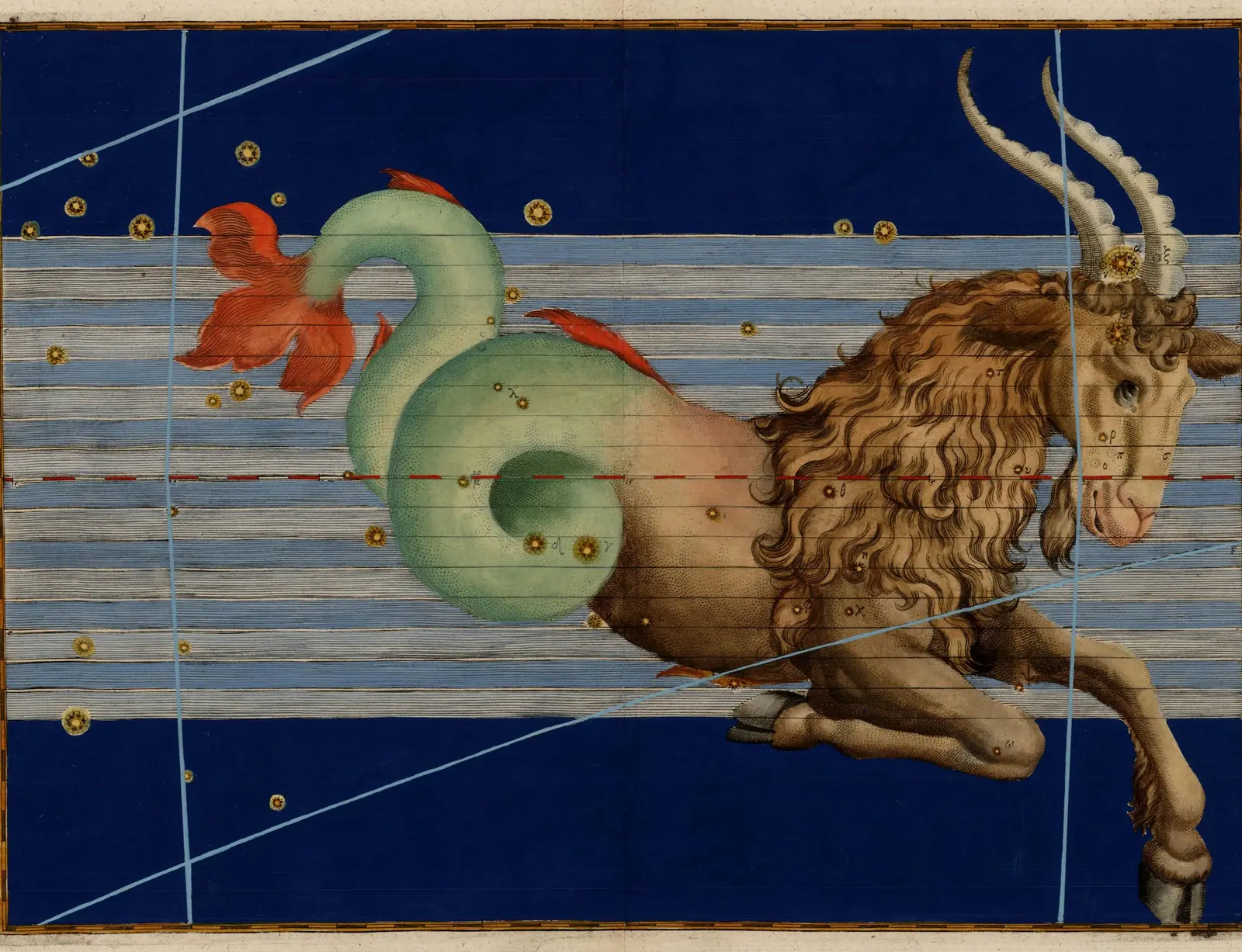 Johann Bayer's 1603 Uranometria plate of Capricornus: a sea-goat engraved on a deep blue sky, the stars heightened in gold