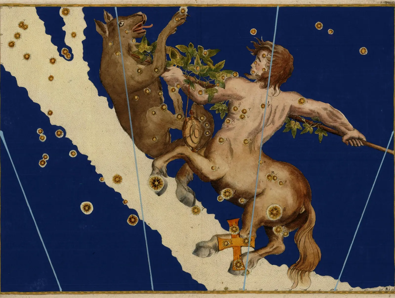 Johann Bayer's 1603 Uranometria plate of Centaurus: a centaur holding a wolf on a deep blue sky, the stars heightened in gold