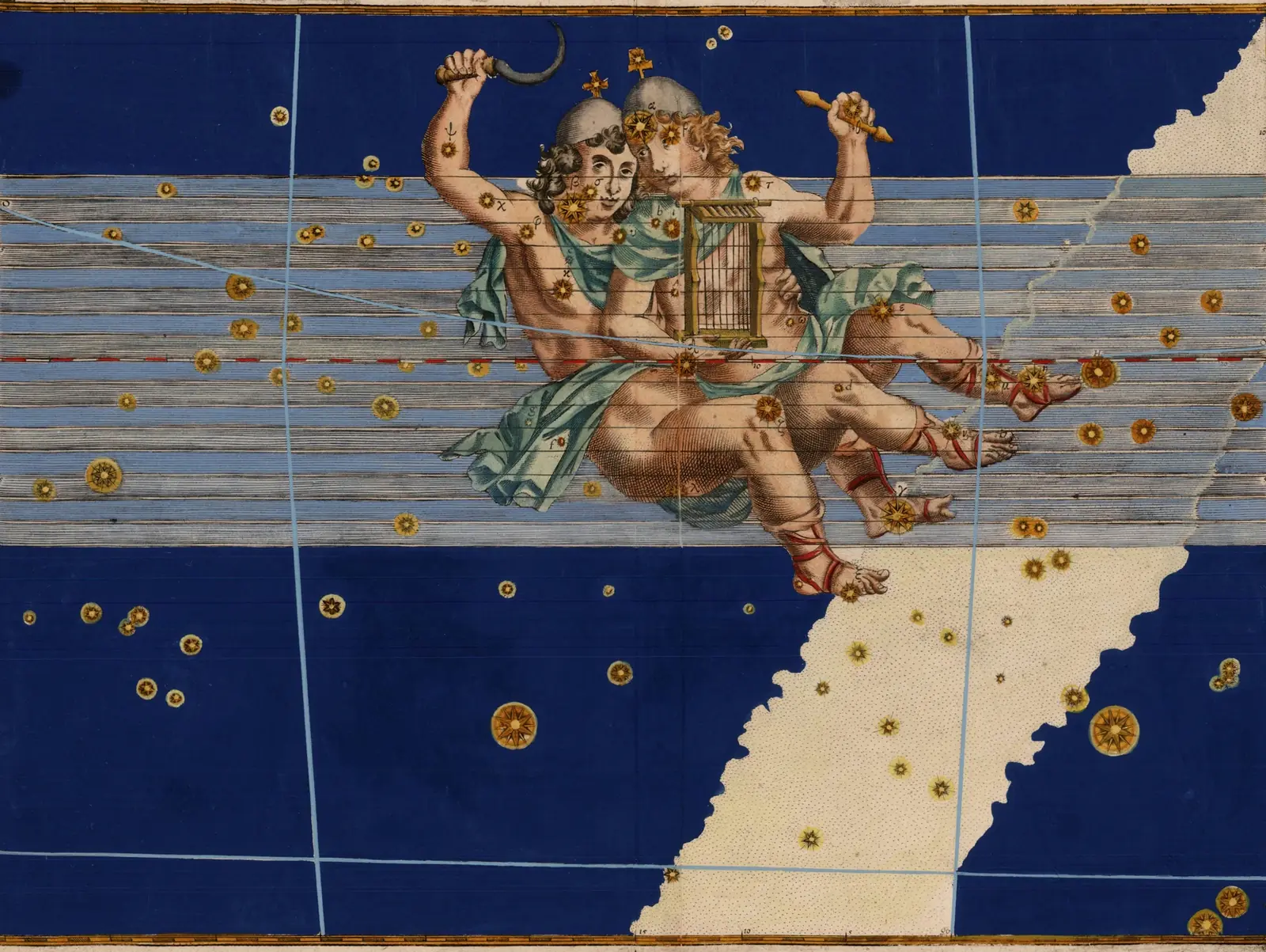 Johann Bayer's 1603 Uranometria plate of Gemini: the twins Castor and Pollux engraved on a deep blue sky, the stars heightened in gold