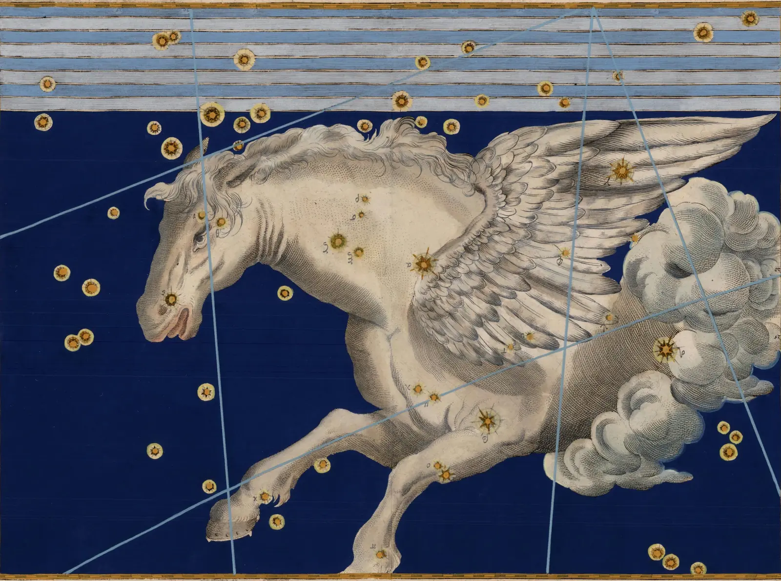 Johann Bayer's 1603 Uranometria plate of Pegasus: the winged horse on a deep blue sky, the stars heightened in gold