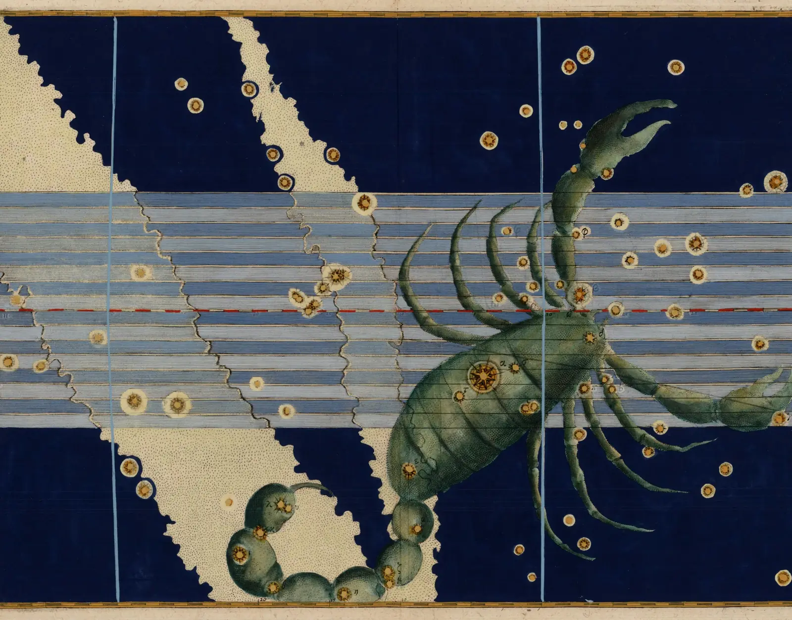 Johann Bayer's 1603 Uranometria plate of Scorpius: a scorpion engraved on a deep blue sky, the stars heightened in gold