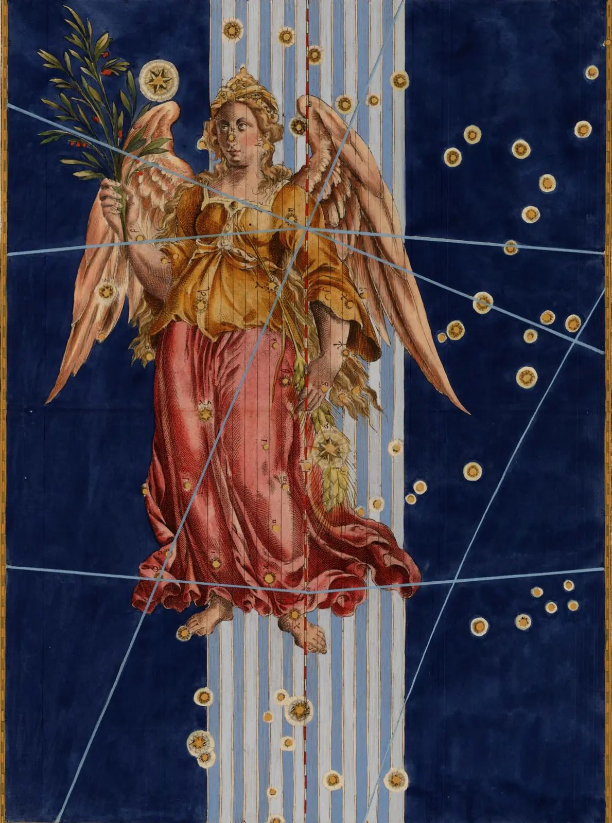 Johann Bayer's 1603 Uranometria plate of Virgo: a winged maiden holding an ear of wheat engraved on a deep blue sky, the stars heightened in gold