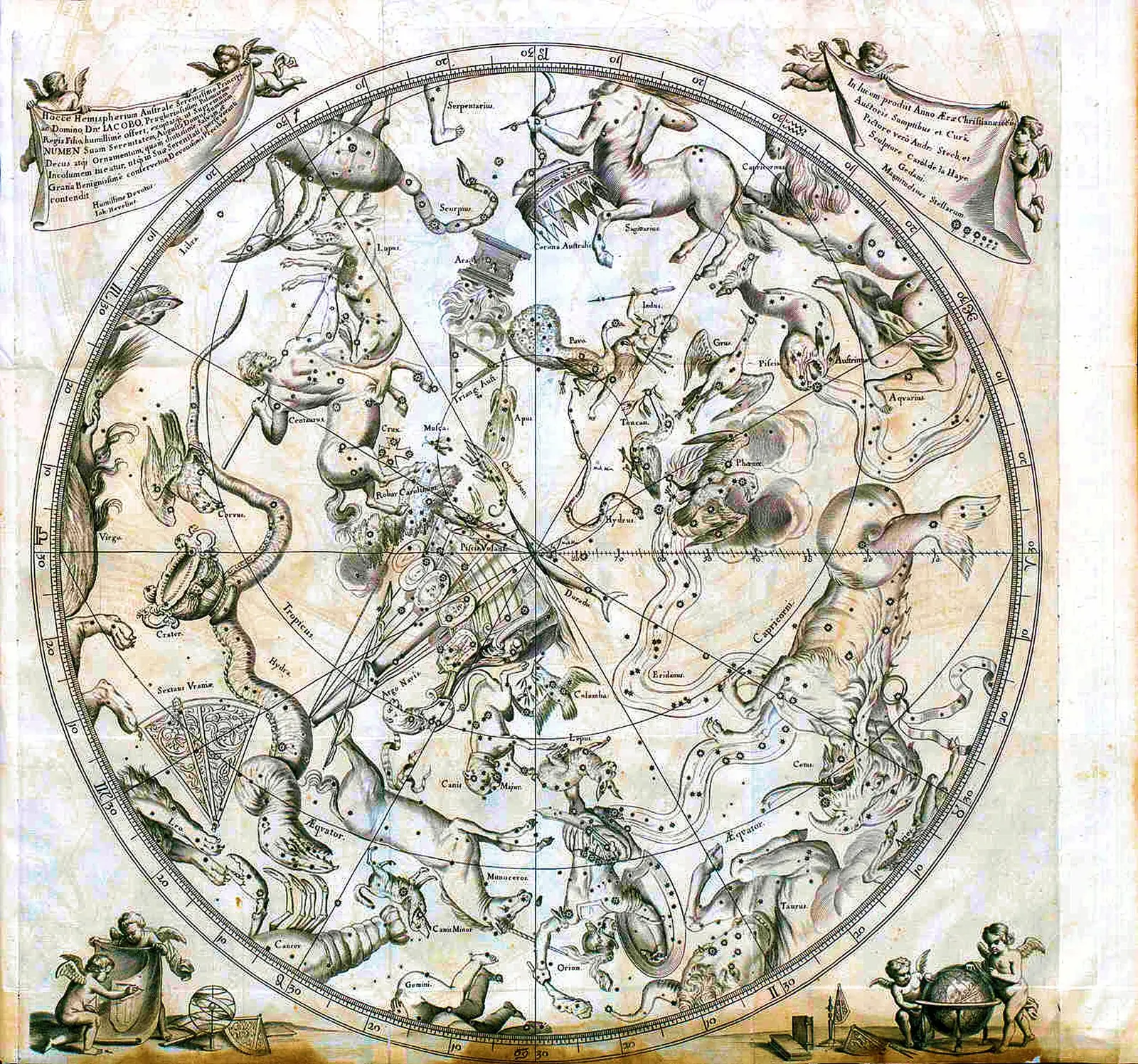 Johannes Hevelius's 1690 engraved map of the southern celestial hemisphere, its constellation figures held up by cherubs