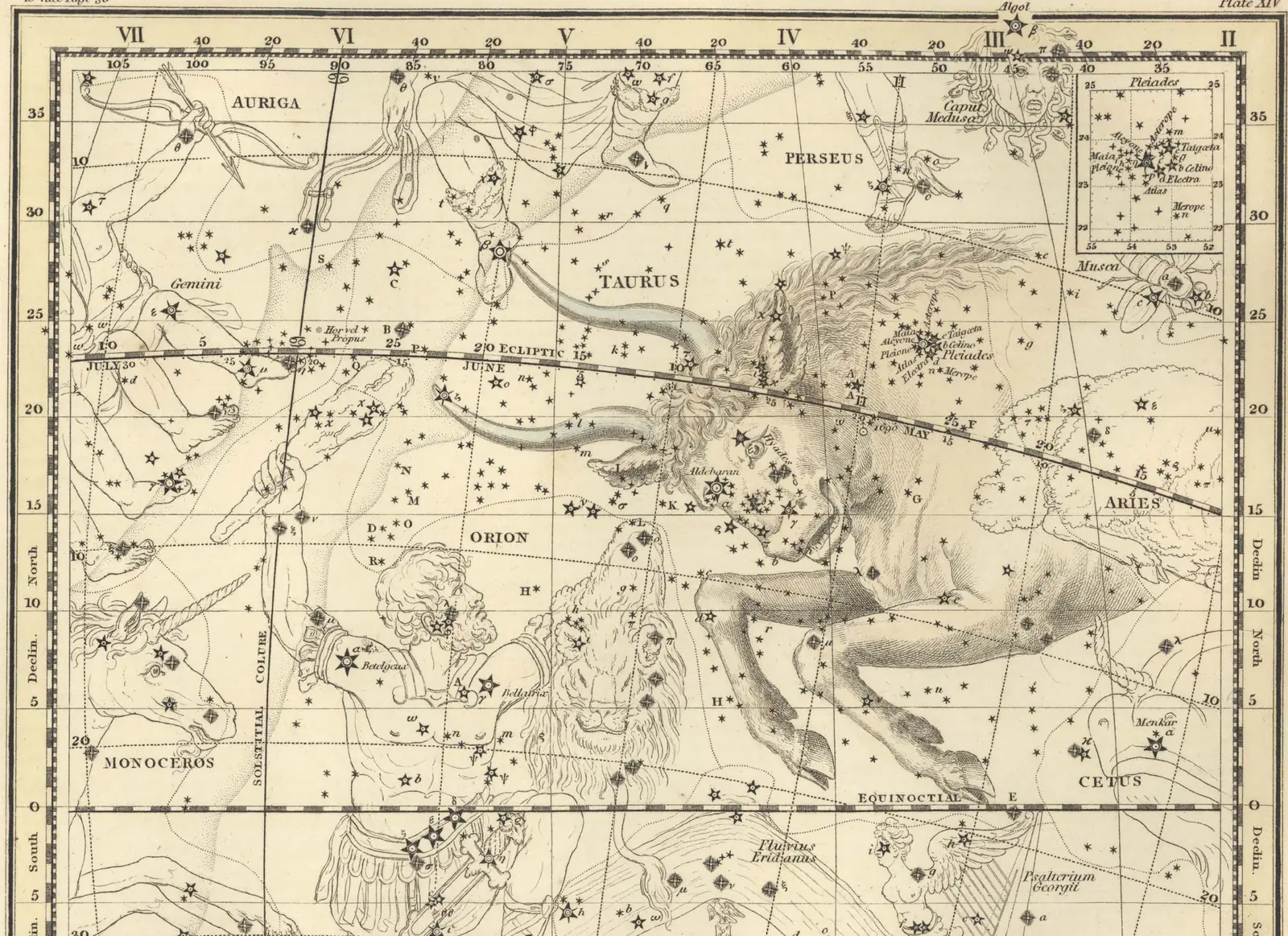 Alexander Jamieson's 1822 hand-coloured star map of Taurus, the constellation drawn as the forequarters of a charging bull over a grid of stars