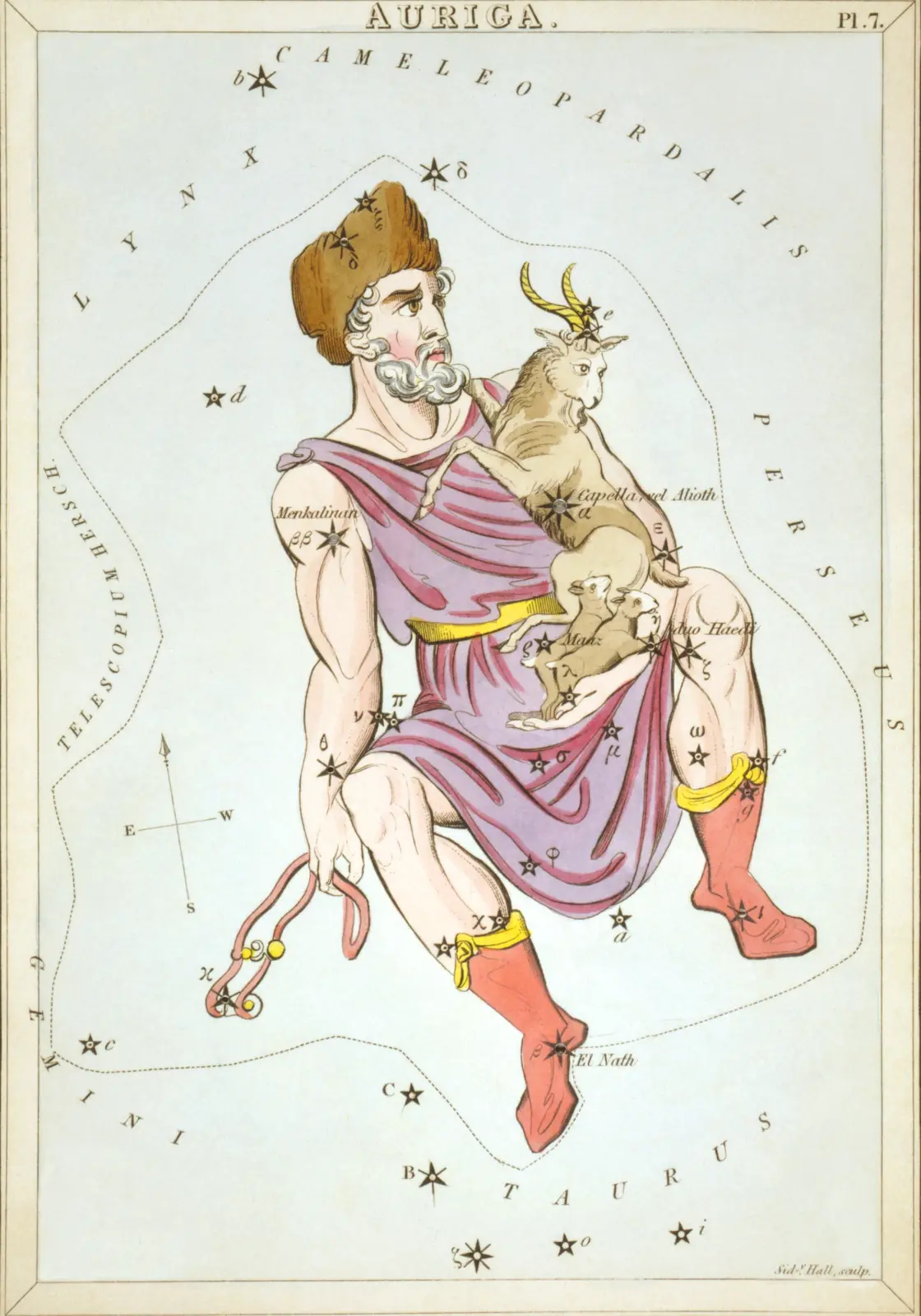 Hand-coloured 1824 star-chart card of Auriga from Urania's Mirror, drawn as the charioteer carrying a goat and her kids