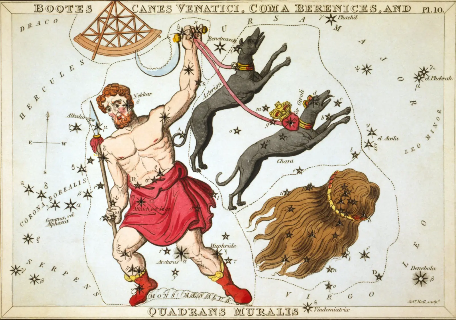 Hand-coloured 1824 star-chart card of Boötes, Canes Venatici and Coma Berenices from Urania's Mirror, drawn as the herdsman holding two hunting dogs on a leash