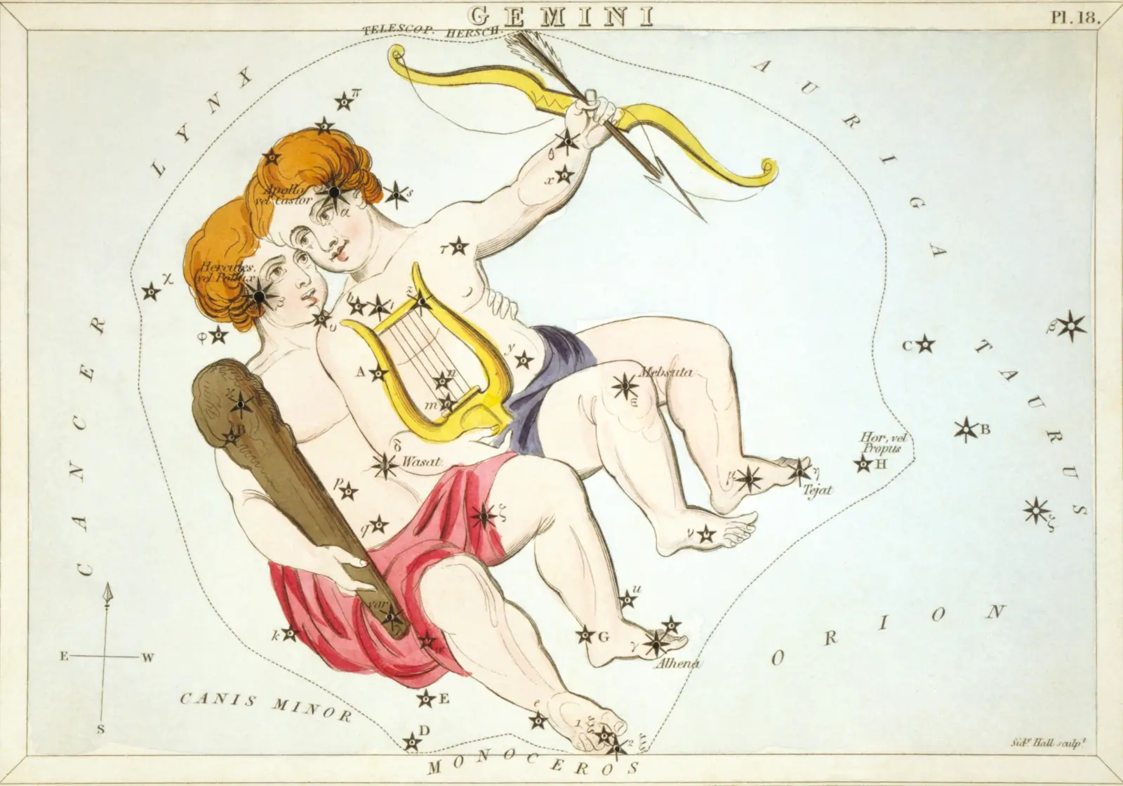 Hand-coloured 1824 star-chart card of Gemini from Urania's Mirror, the constellation drawn as the twins Castor and Pollux with its stars pierced through the card