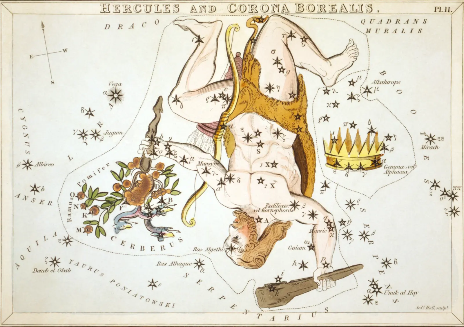 Hand-coloured 1824 star-chart card of Hercules and Corona Borealis from Urania's Mirror, drawn as the kneeling hero Hercules beside the northern crown
