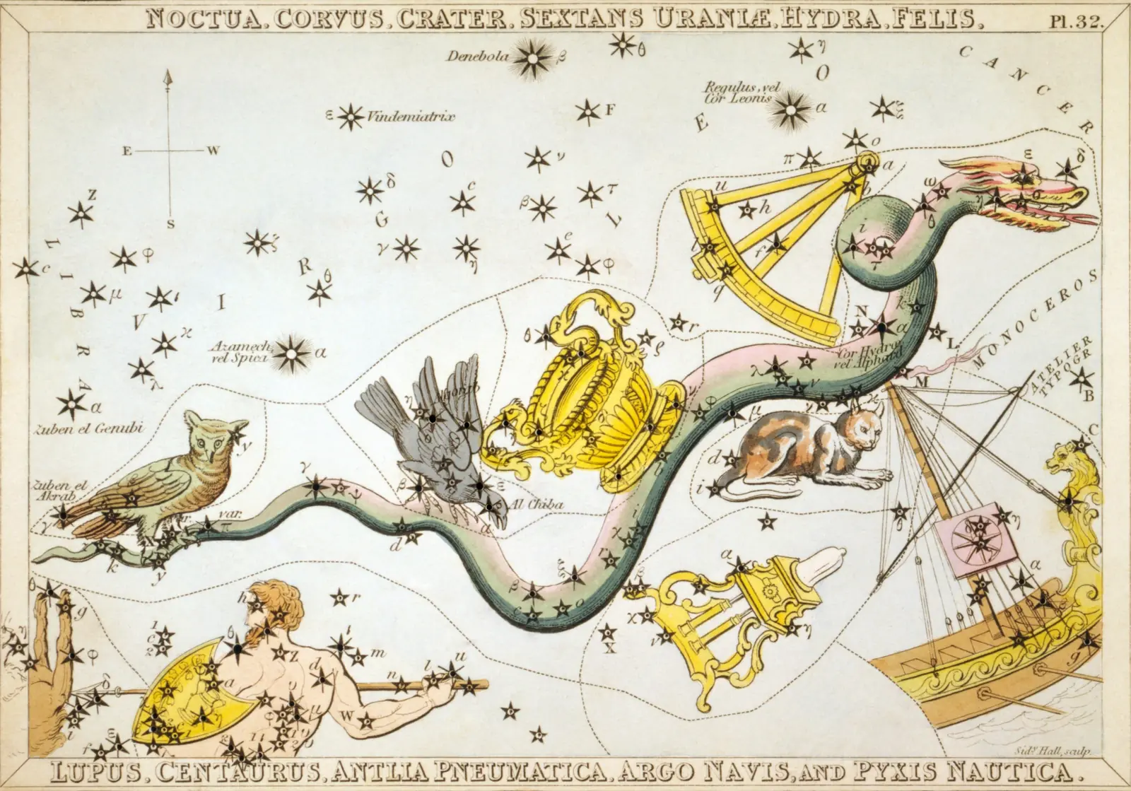 Hand-coloured 1824 star-chart card of Hydra, Corvus, Crater and Argo Navis from Urania's Mirror, drawn as the long water snake carrying a raven and a cup