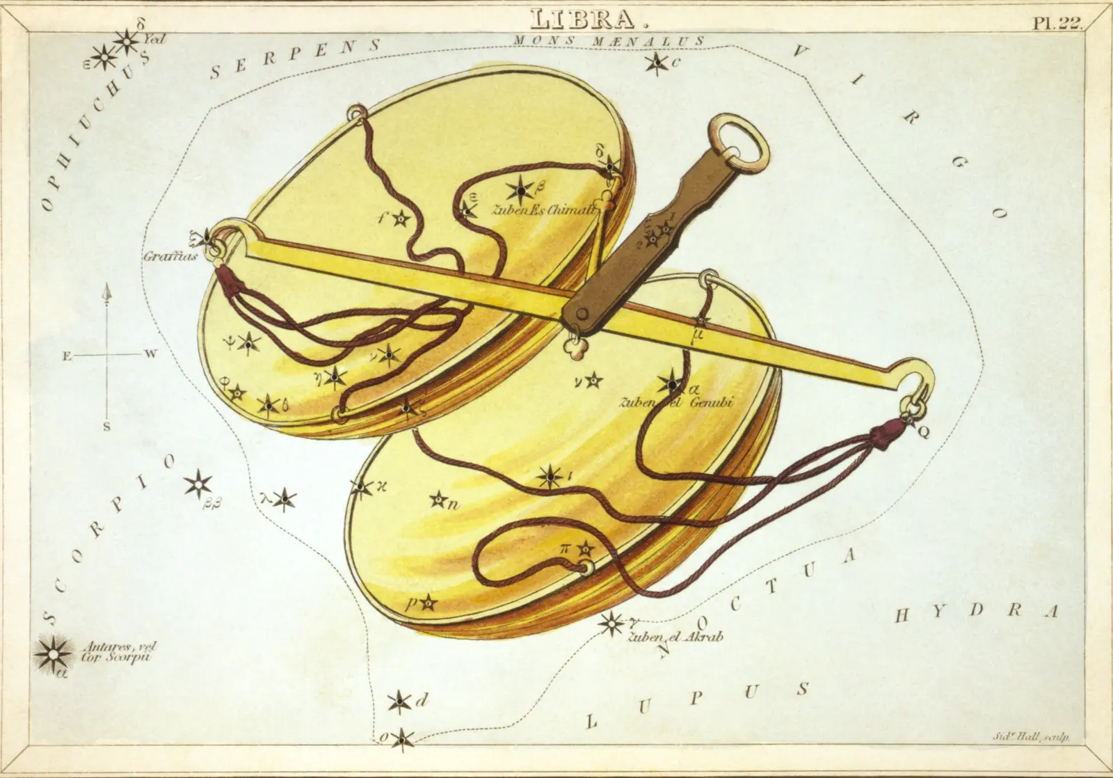 Hand-coloured 1824 star-chart card of Libra from Urania's Mirror, the constellation drawn as a pair of balance scales with its stars pierced through the card