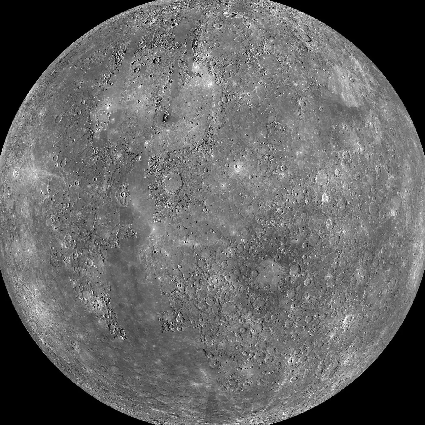 Mercury's cratered grey globe, photographed by the MESSENGER spacecraft