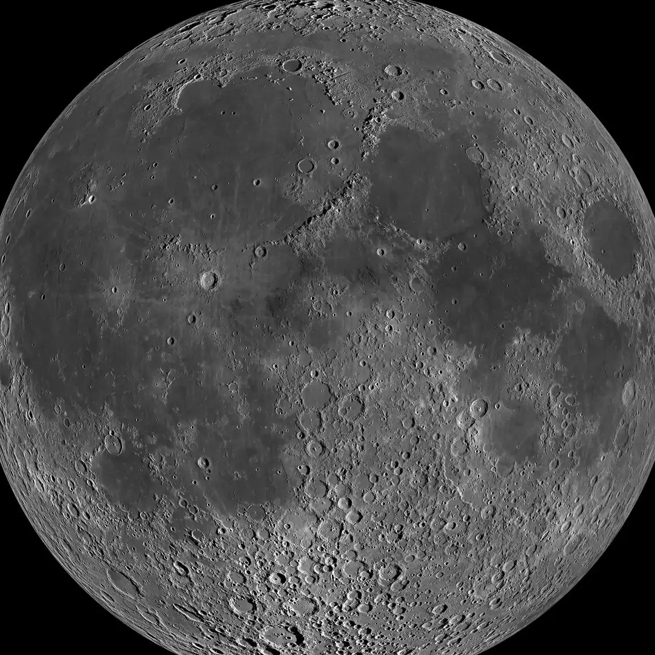 The Moon's near side from the Lunar Reconnaissance Orbiter, grey maria and bright cratered highlands