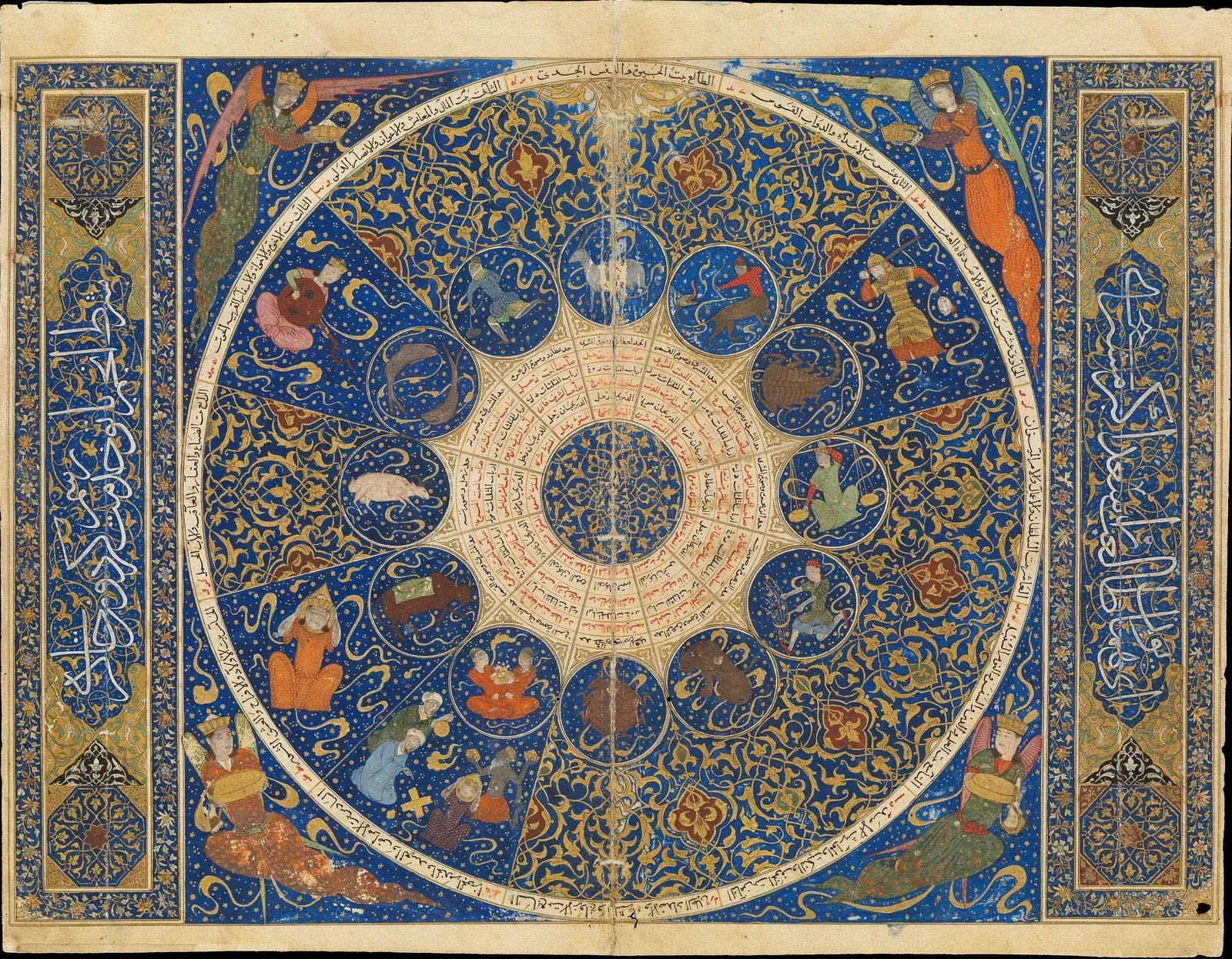 Painted circular horoscope on blue and gold: twelve zodiac roundels ring a central star of text, with planet figures between them