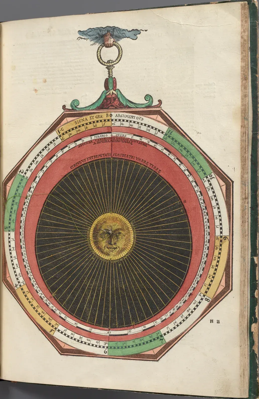 Printed book page with a hand-coloured paper instrument of rotating rings around a sun face, hung from a ring