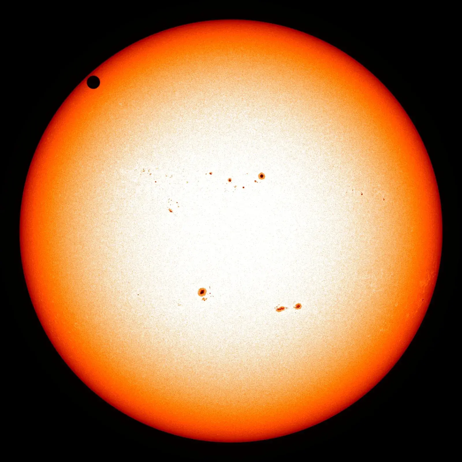 The full disc of the Sun in orange and white with sunspots, and the small black disc of Venus near its upper left edge