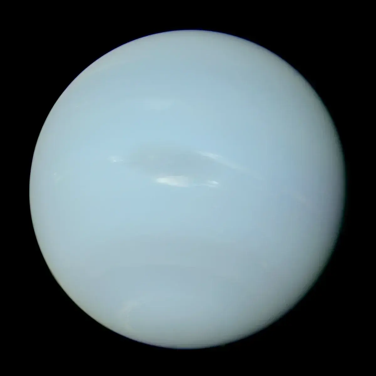 Neptune as a pale blue globe with faint white cloud streaks and a darker oval, on black