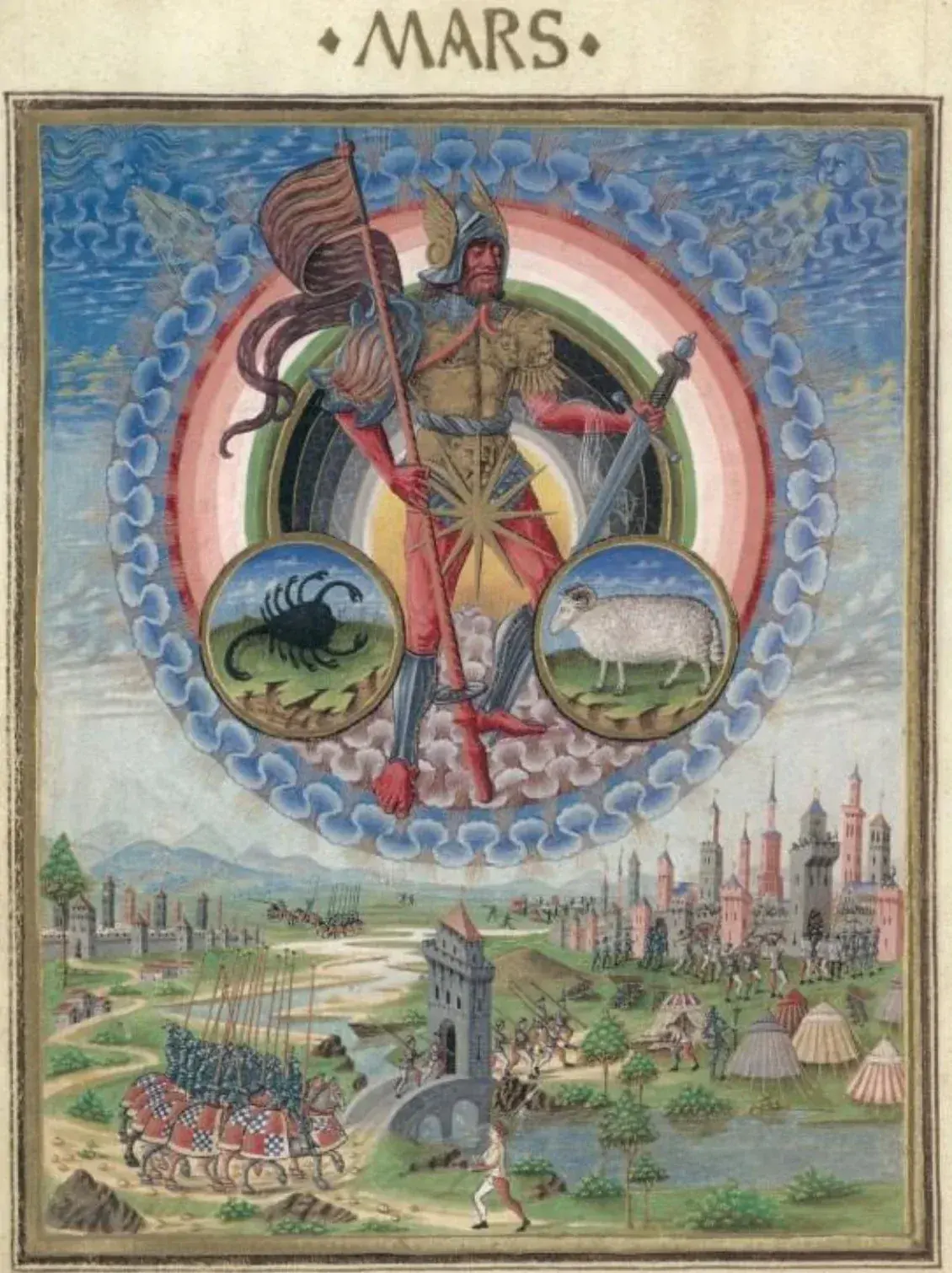 Illuminated page: armoured Mars with a banner and sword, holding roundels of a scorpion and a ram, above a battle scene and a walled city