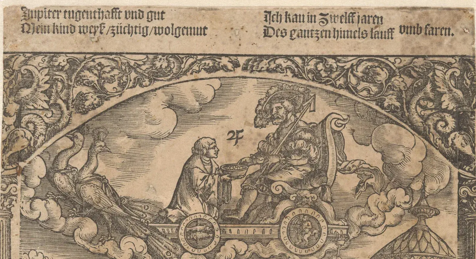 Woodcut of robed Jupiter enthroned on a chariot drawn by peacocks; its two wheels show two fish and a small centaur archer