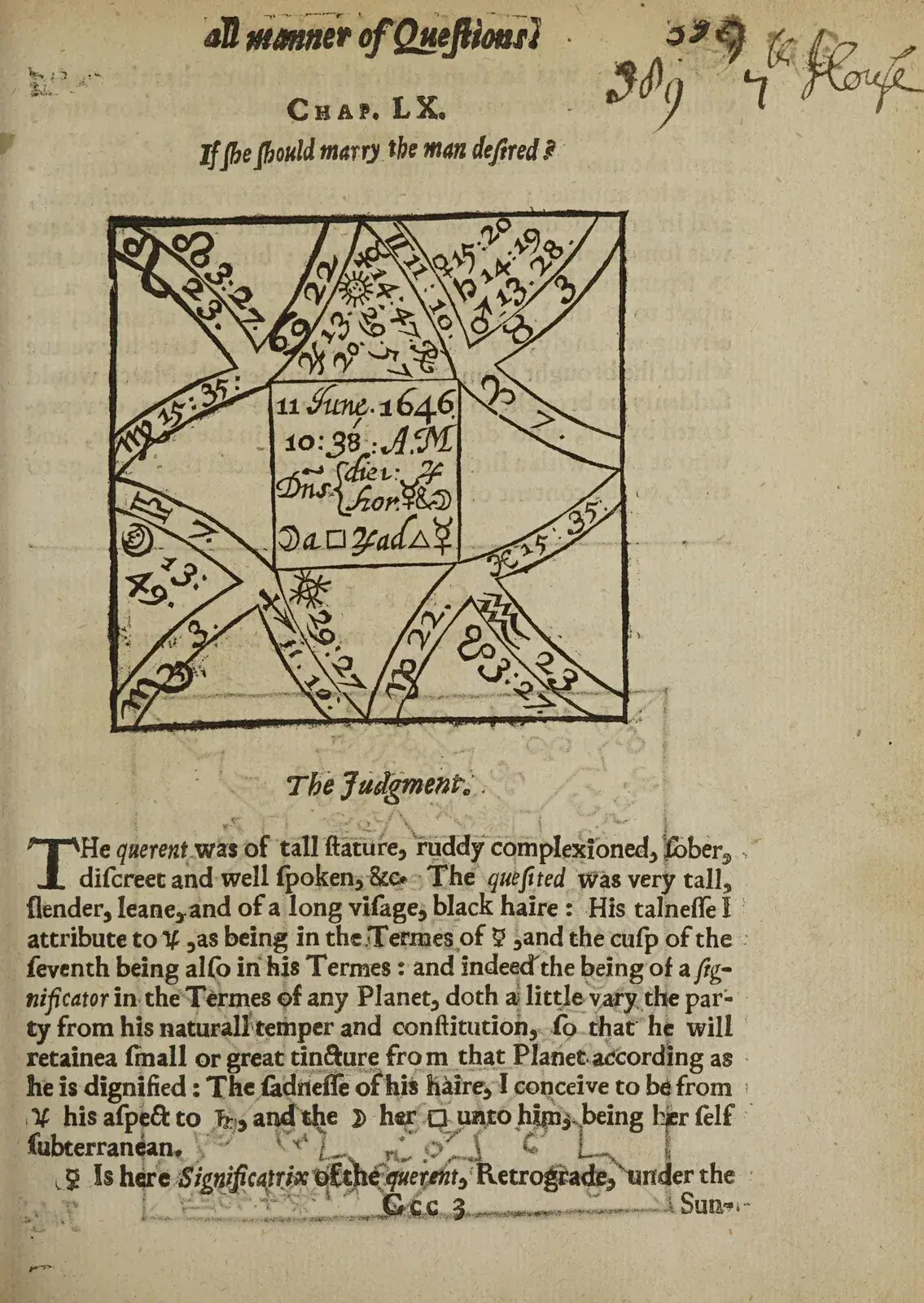 Book page with a square 17th-century horoscope dated 11 June 1646, a reader's ink note '7th house', and text headed The Judgment