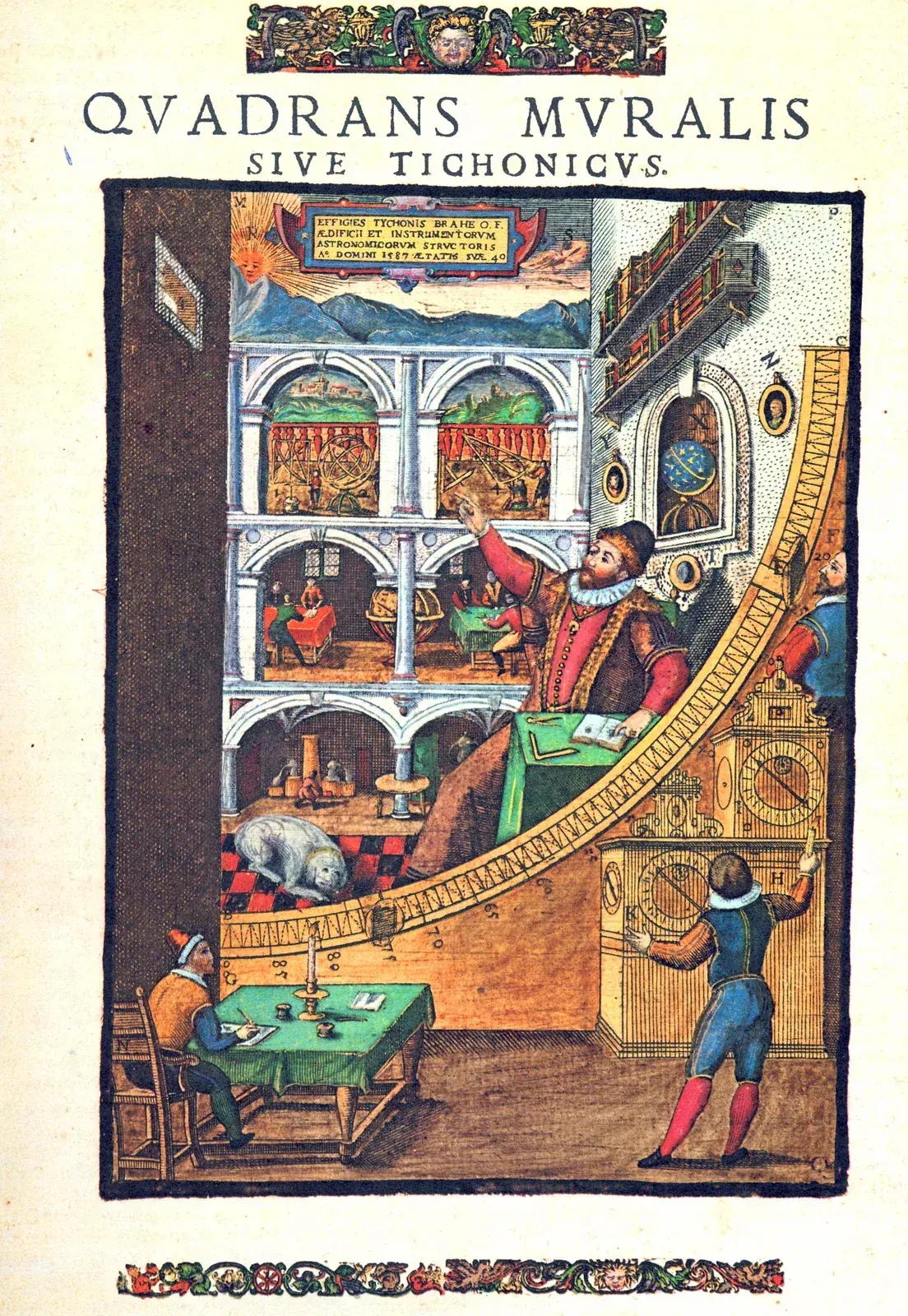 Hand-coloured engraving of a large brass quarter-circle fixed to a wall, with observers reading it and a clerk writing