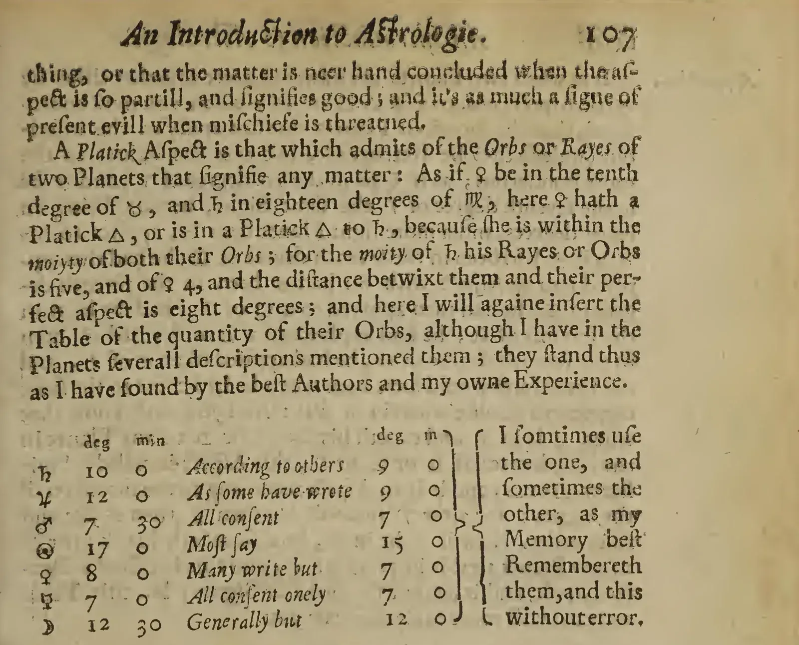 Printed 1647 page explaining a platick aspect, followed by a table of planetary orbs in degrees and minutes