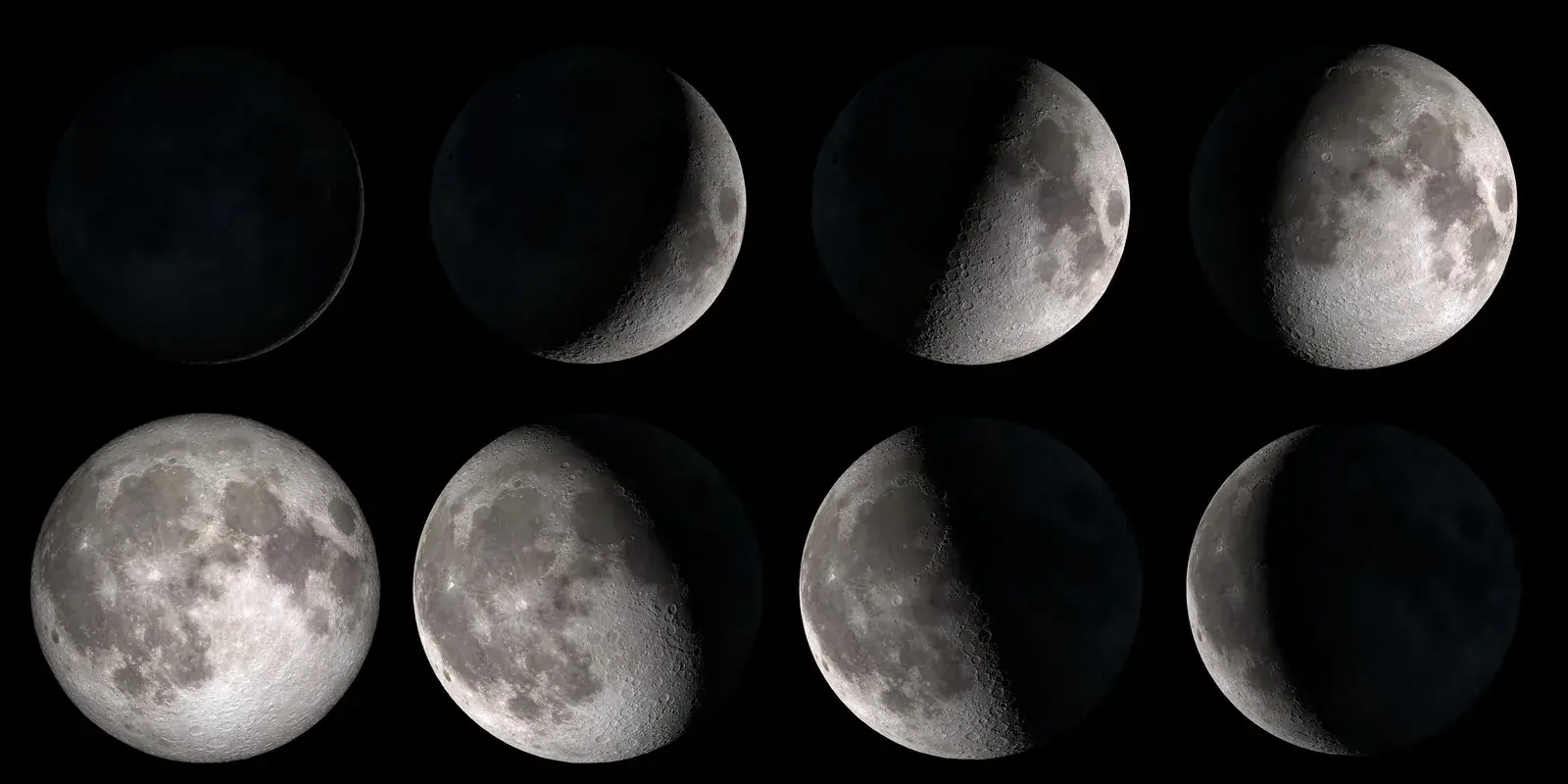 Eight views of the Moon in two rows: top row grows from dark new Moon to gibbous, bottom row shrinks from full to a thin crescent