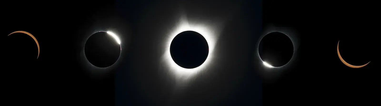 Five eclipse stages in a row: a thin solar crescent, the diamond ring, totality with white corona, the diamond ring again, a crescent
