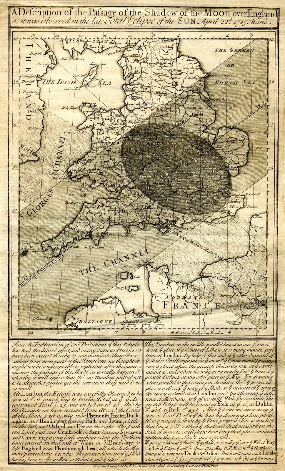 Engraved map of England and Wales with a dark oval shadow and a diagonal band marking the path of the 1715 total solar eclipse
