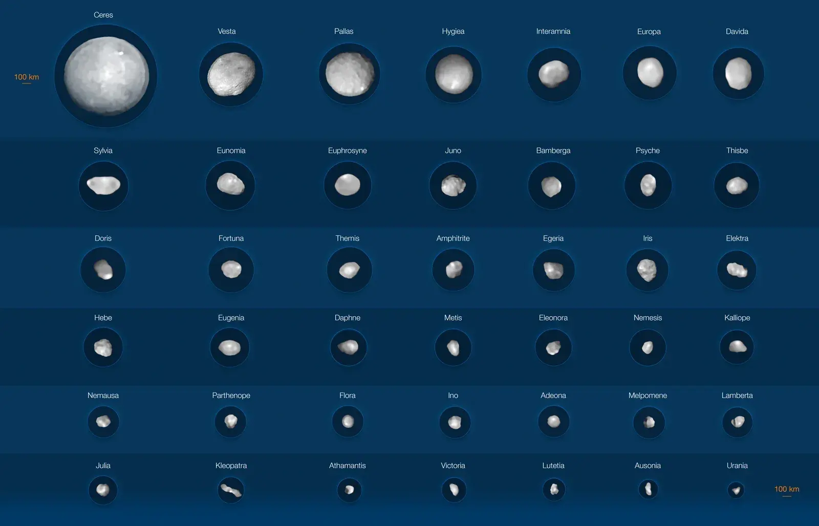 Grid of 42 grey asteroid images on blue, each labelled, from large round Ceres at top left down to tiny irregular bodies