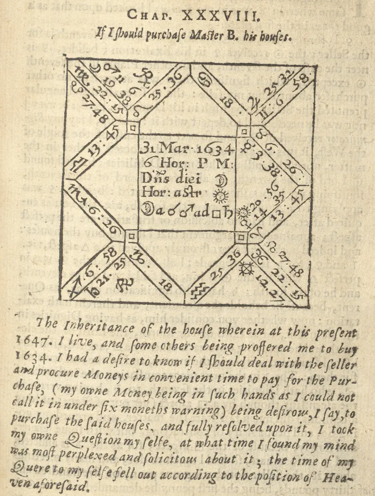 Square horary chart dated 31 March 1634, 6 PM, under the heading Chap. XXXVIII, with an italic paragraph below