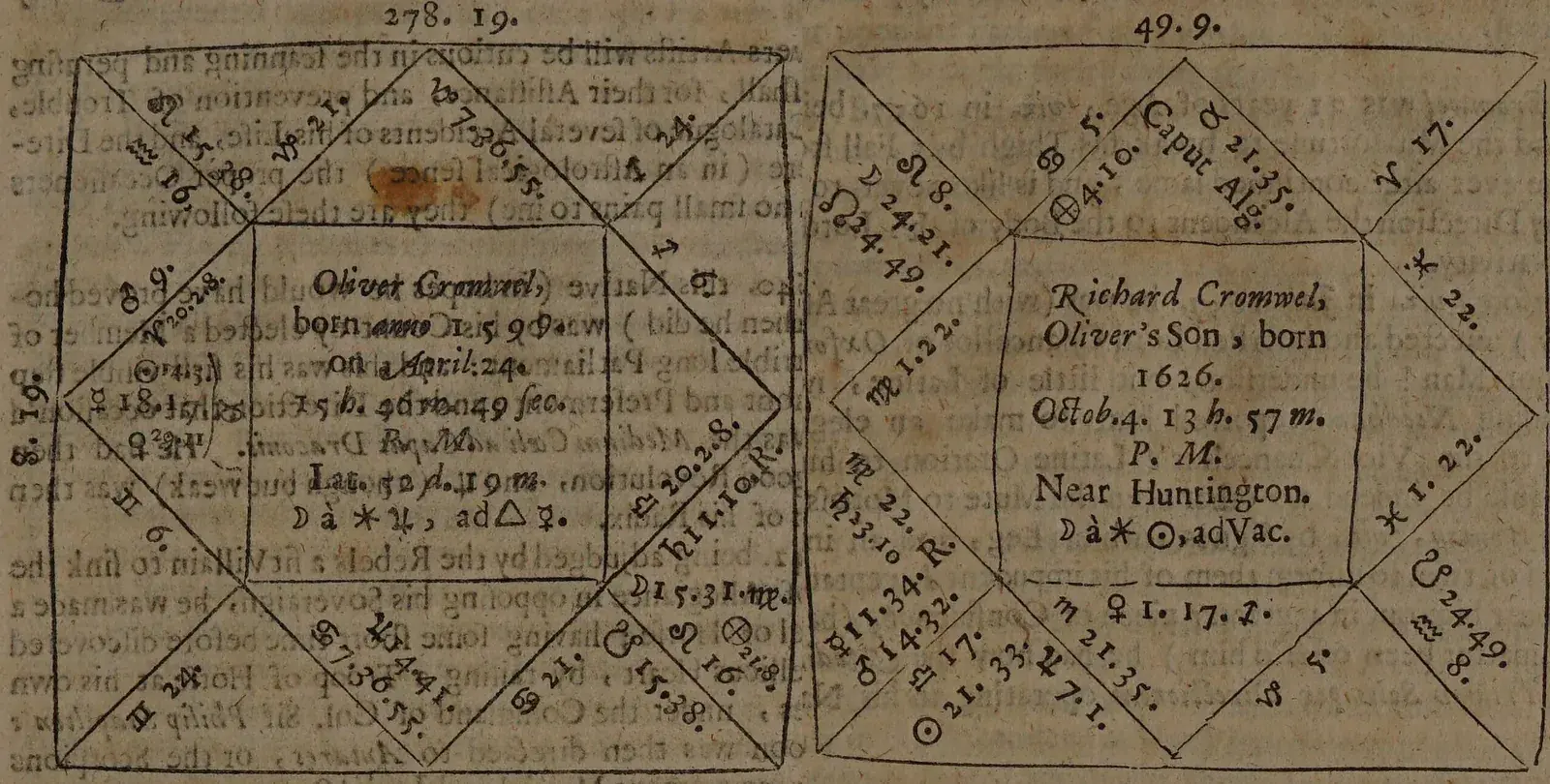 Two printed square horoscopes side by side, labelled Oliver Cromwell and Richard Cromwell, Oliver's son, born 1626