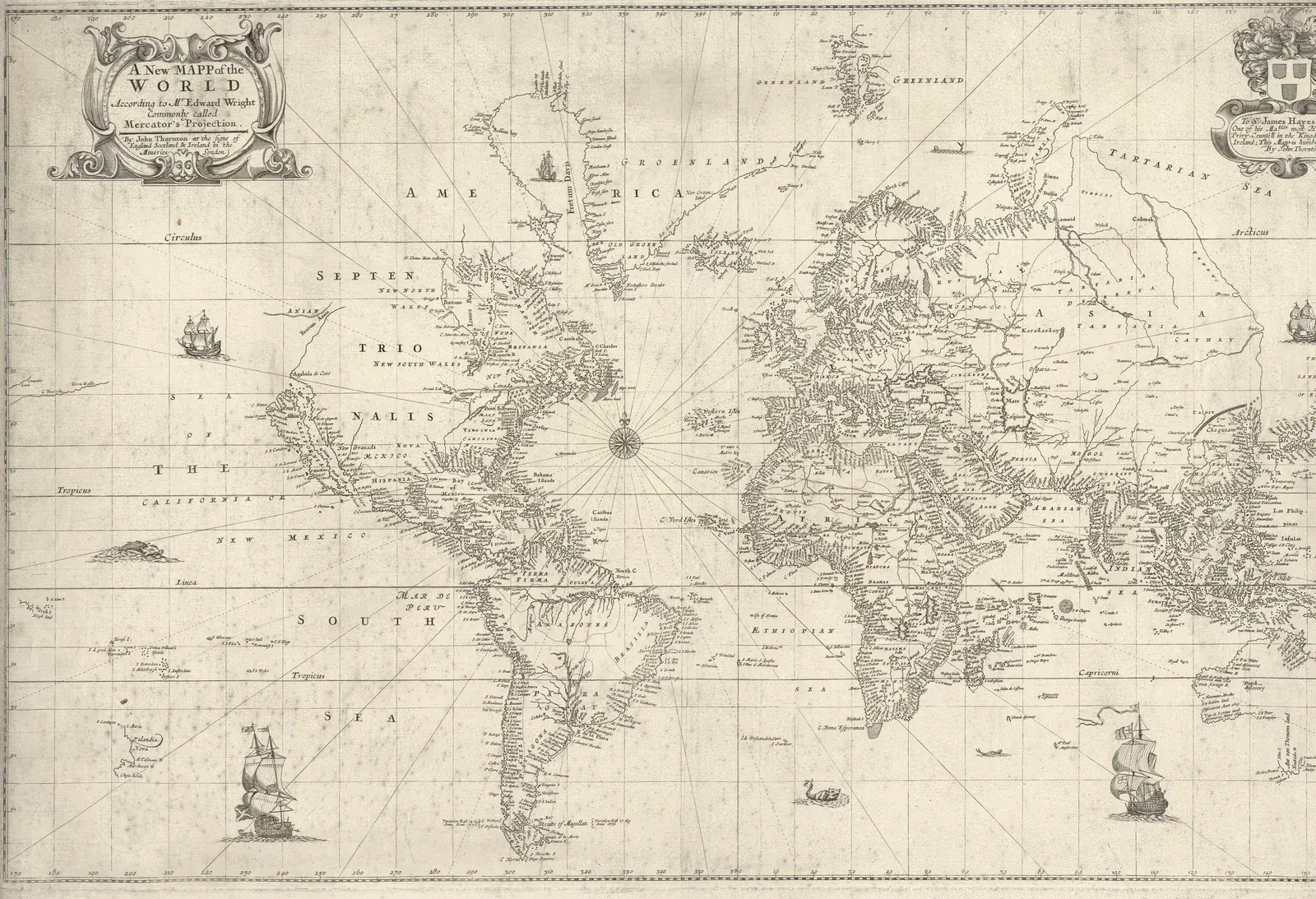 Engraved world map on a rectangular grid with degree scales along the top and bottom, ships and compass roses at sea