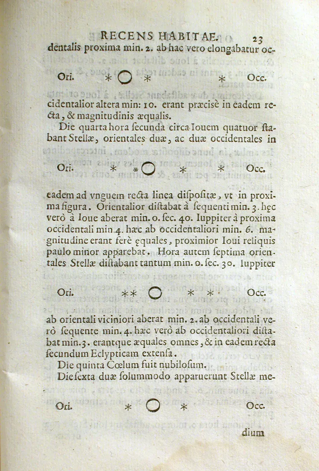 Printed Latin page with small diagrams of a circle flanked by stars, each labelled Ori. and Occ., between paragraphs of text